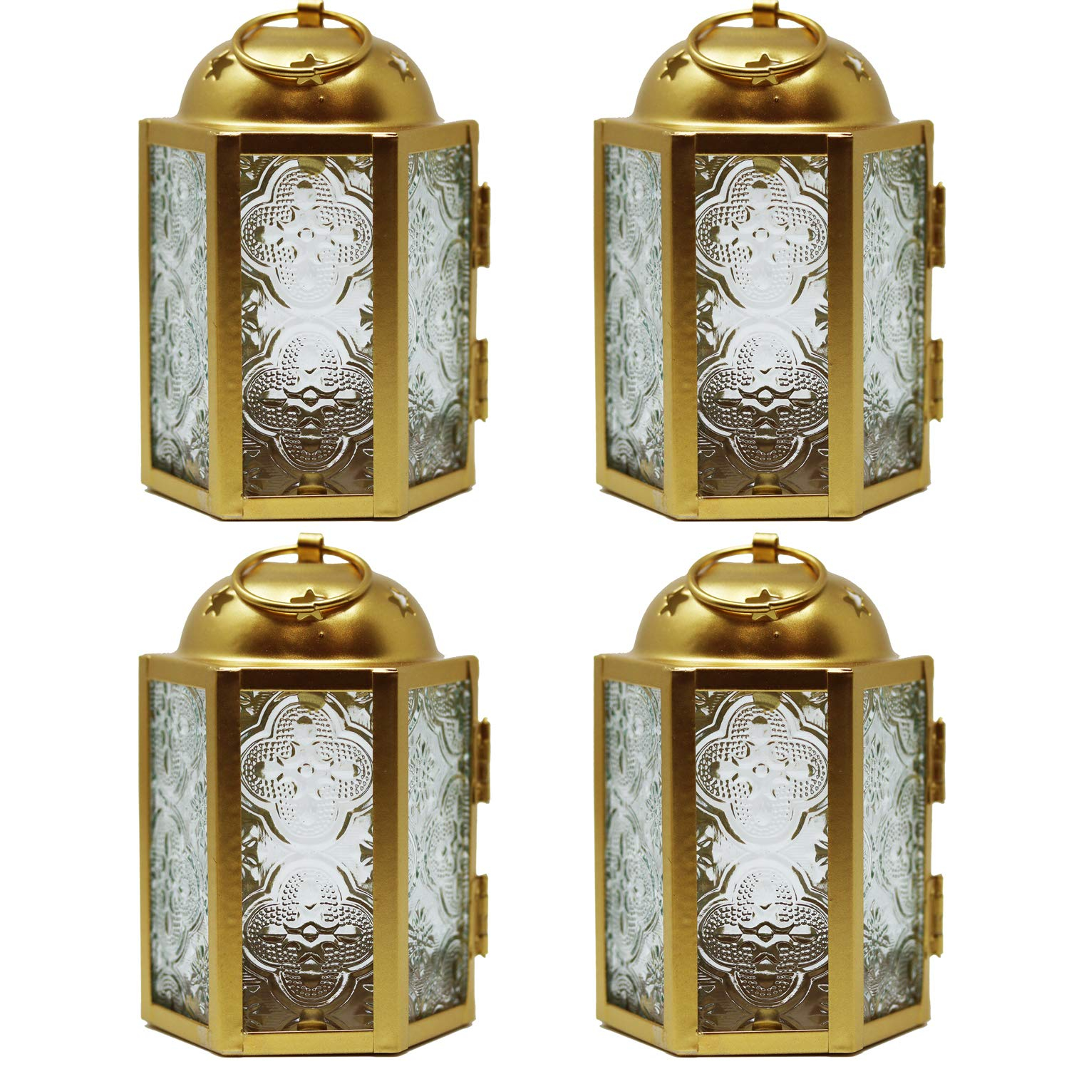 VELA LANTERNS Mini Moroccan Tea Light Candle Holder Lanterns – 4.25" Small Decorative Lantern for Table or Hanging, Metal with Glass Panels – Ramadan, Wedding, Home Decor, Gold (Set of 4)