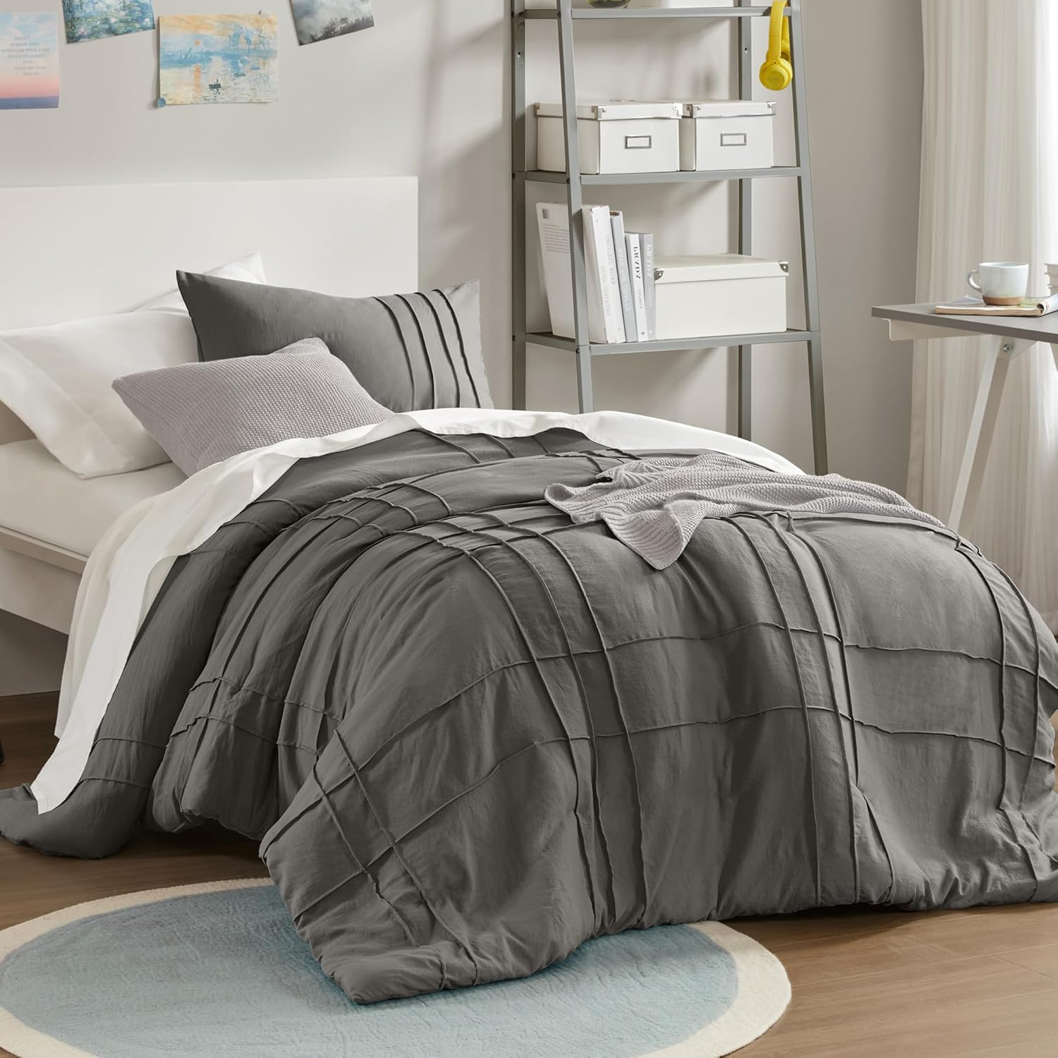 Comfort Spaces Grey Twin Size Duvet Cover Set - 2 Pieces Pintuck Pleated Duvet Cover Twin, All Season Lightweight, Extra Softness Pre-Washed Microfiber Twin Bedding Cover Shams, Twin/Twin XL