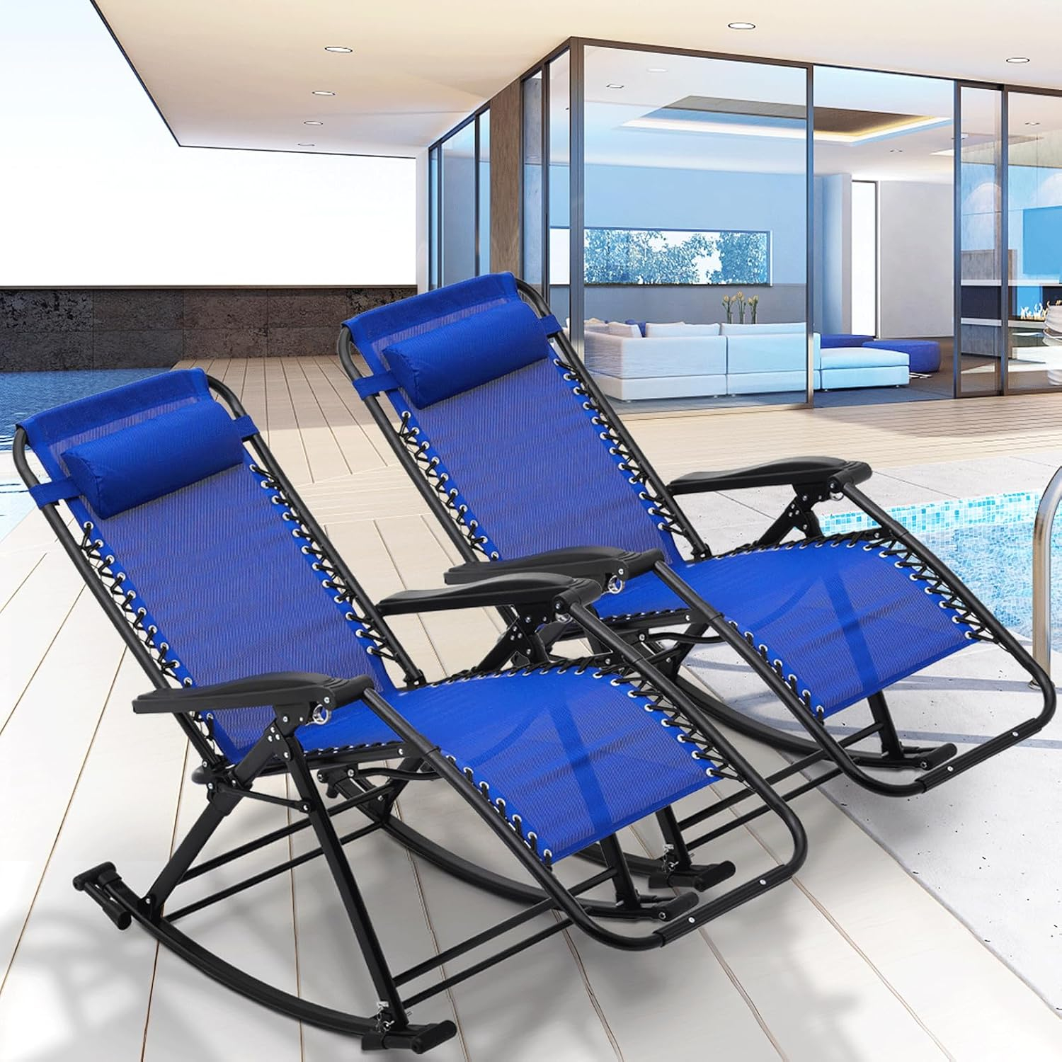 Magshion Set of 2 Zero Gravity Lounge Chairs, Adjustable Rocking Chairs with Pillow, Outdoor Beach Portable Foldable Recliner, Folding Lounge Rocker, Black