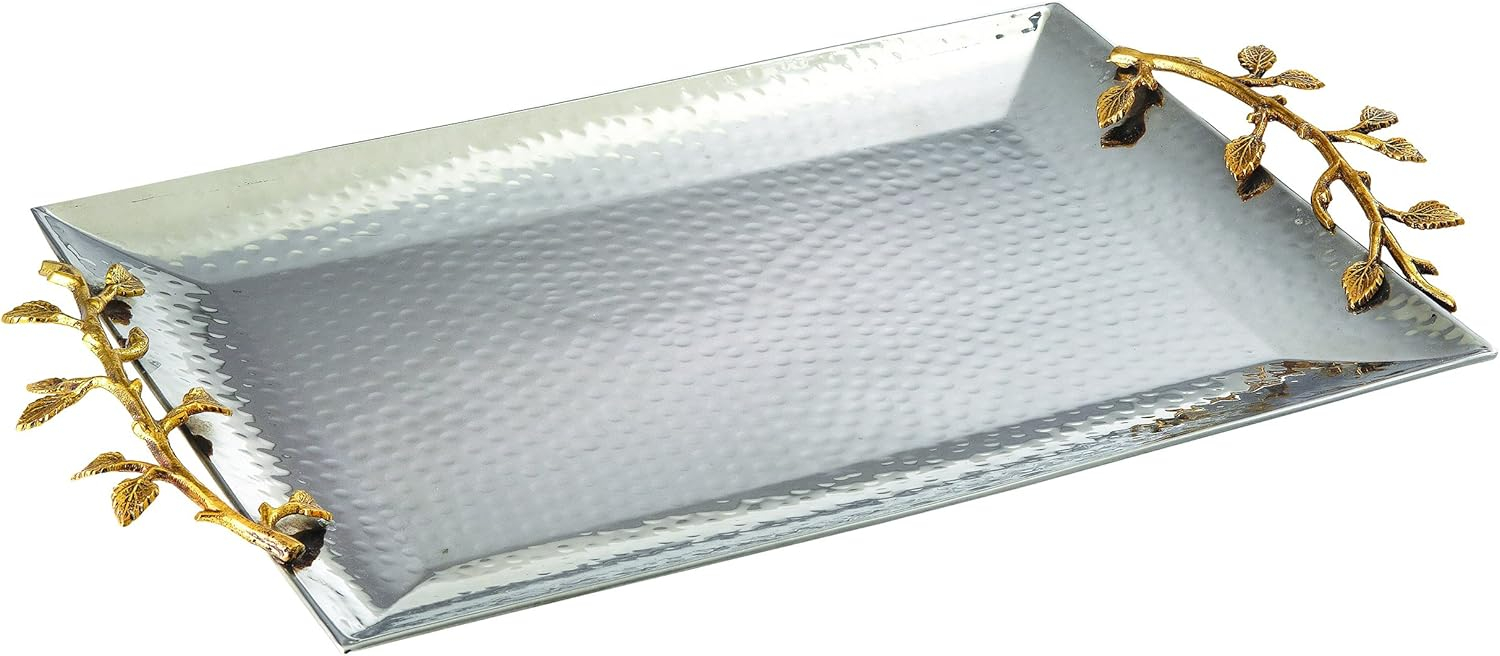 Leeber 70038 Elegance Gilt Leaf Rectangular Stainless Steel Tray, 21 x 12 in.