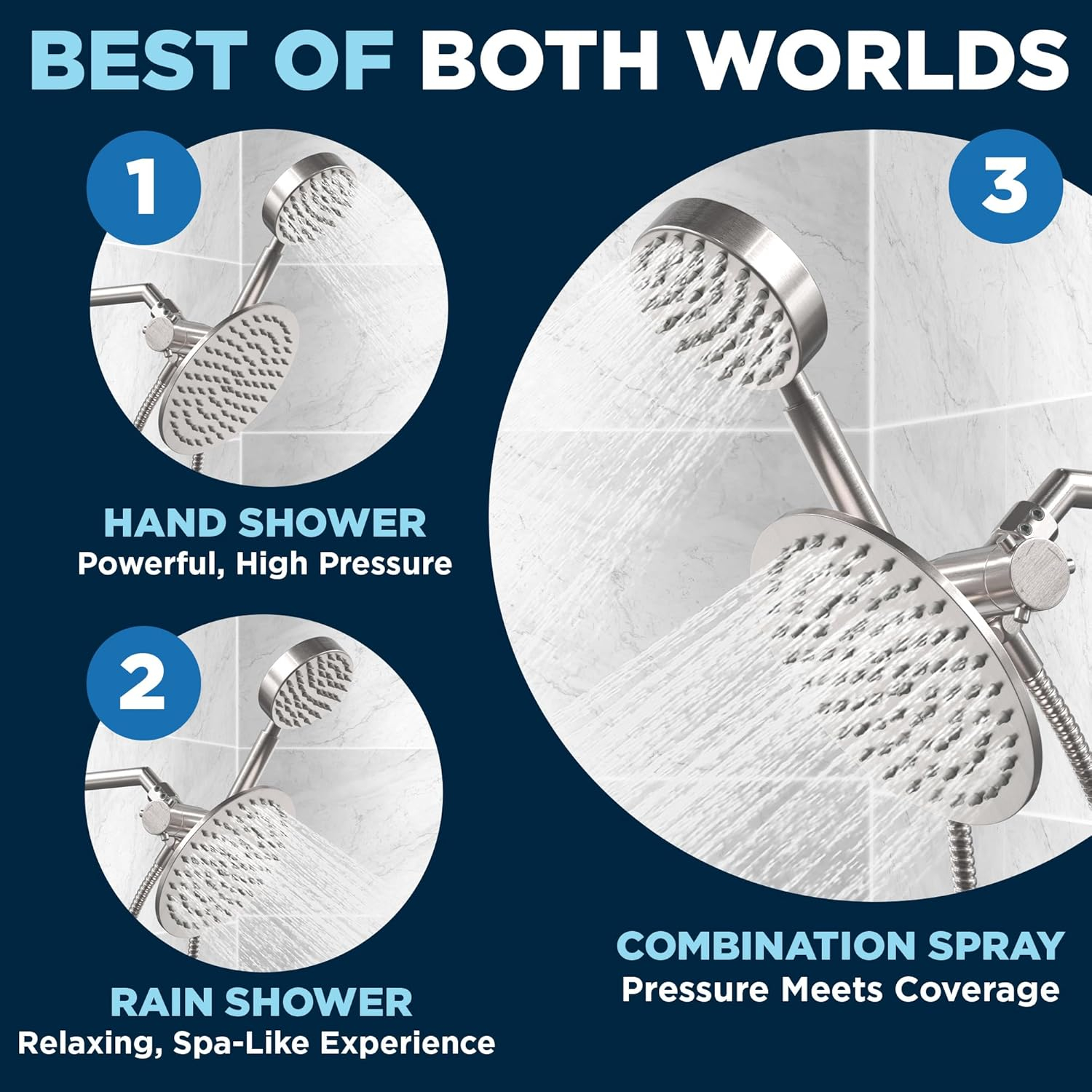 HammerHead Showers® Solid Metal Dual Shower Head Combo – BRUSHED NICKEL – 8 Inch Rainfall High Flow Shower Head & Handheld Shower Head High Pressure with Hose 6ft - Hotel-Like Double Shower Heads