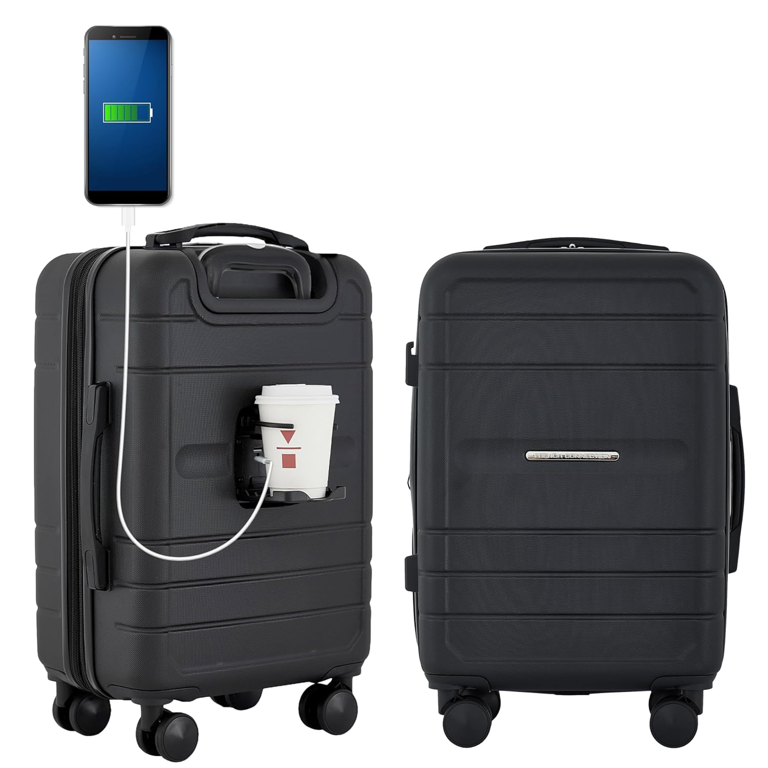 French Connection 22in Expandable Rolling Carry-on with Cup Holder, Black