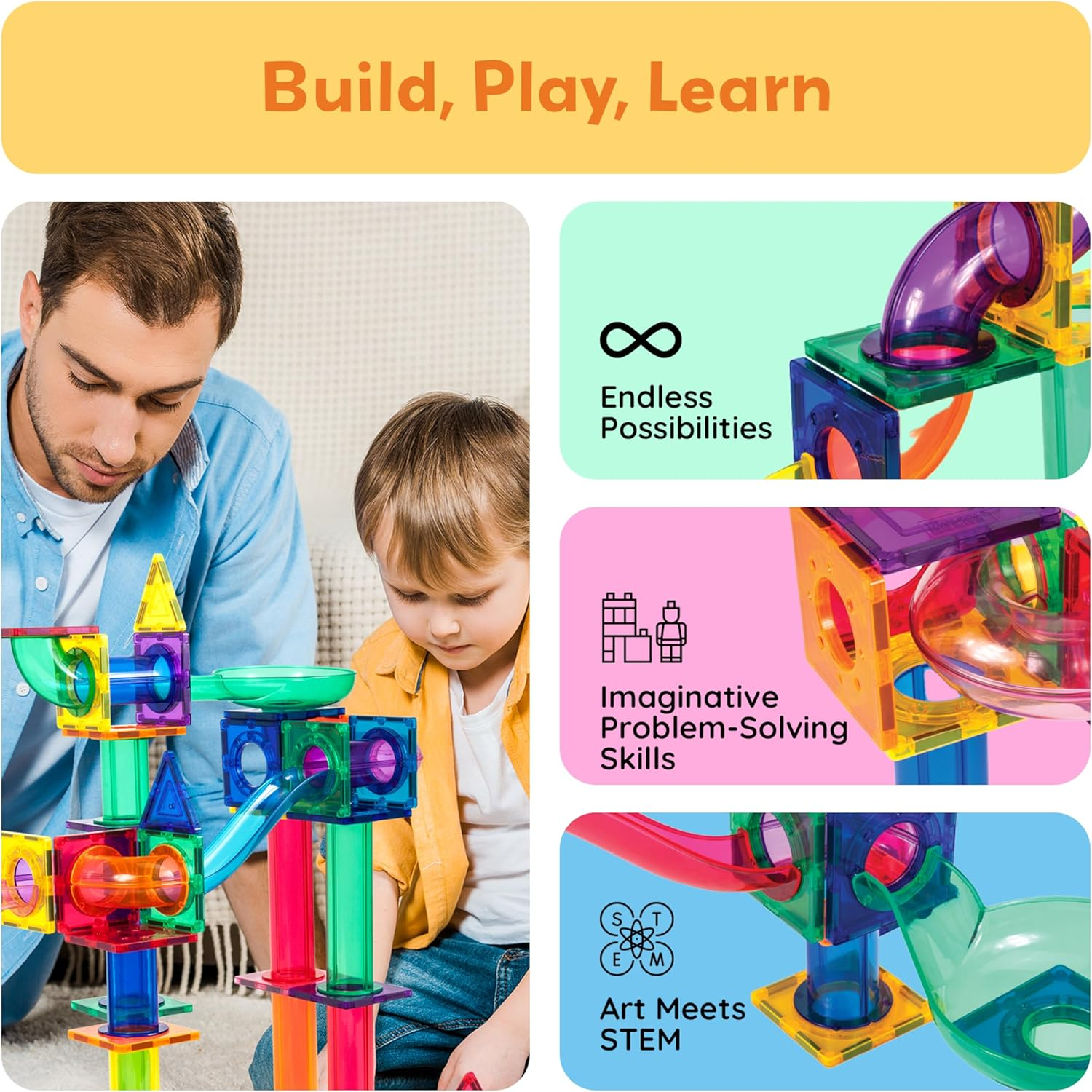 PICASSO-TILES Marble Run Race Track Building Blocks, 100 Pieces