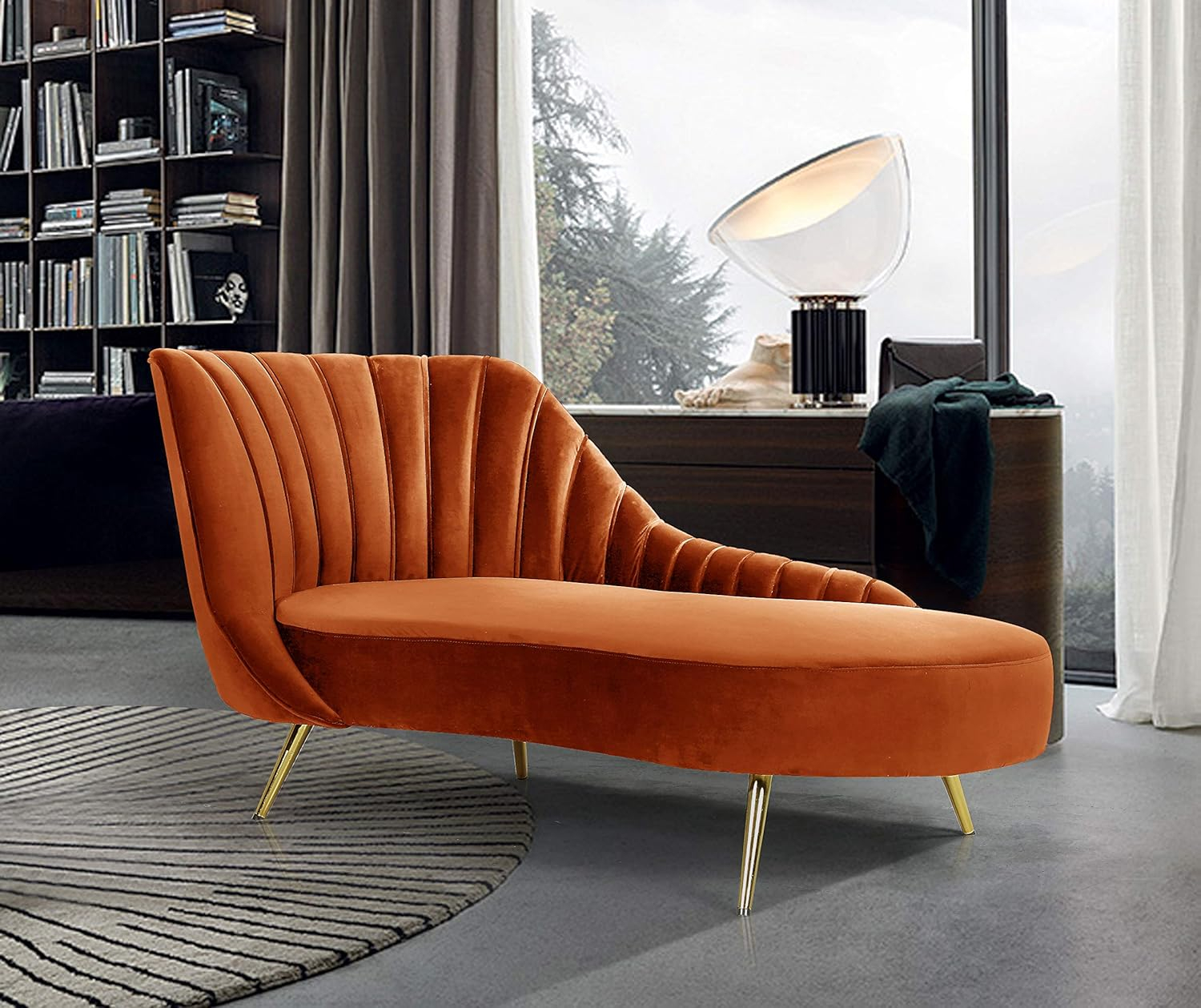 Meridian Furniture Margo Collection Modern | Contemporary Velvet Upholstered Chaise with Deep Channel Tufting and Rich Gold Stainless Steel Legs, Cognac, 74" W x 37.5" D x 35" H