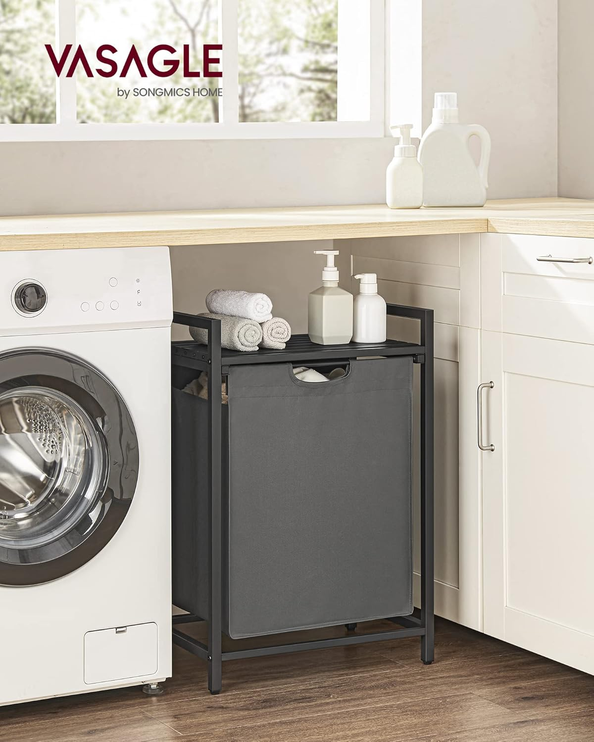 VASAGLE Laundry Hamper, Laundry Basket, Laundry Sorter with A Pull-Out and Removable Bag, Shelf, Metal Frame, 17.2 Gallons (65 L), 19.7 x 13 x 28.4 Inches, Gray and Black UBLH101G01