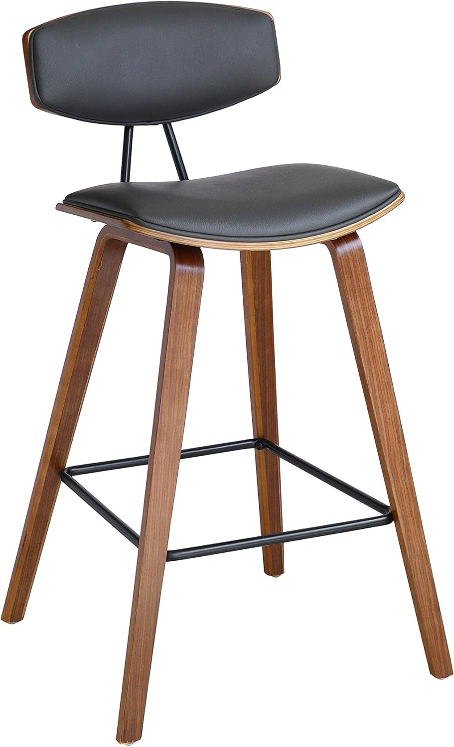Fox 28.5" Bar Height Gray Faux Leather and Walnut Wood Mid-Century Modern Bar Stool