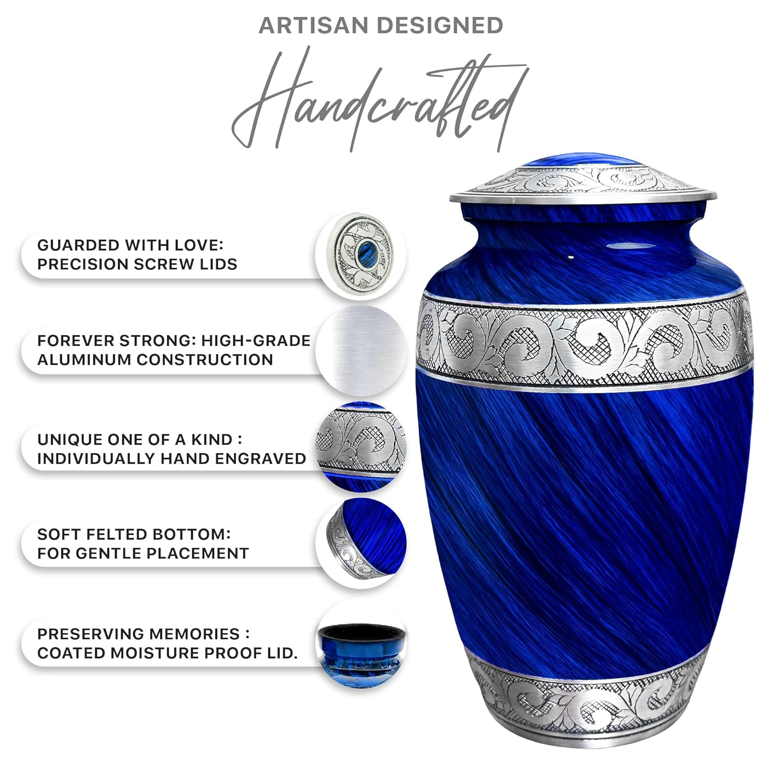 Hand-Engraved Blue Metal Urn with Necklace for Ashes