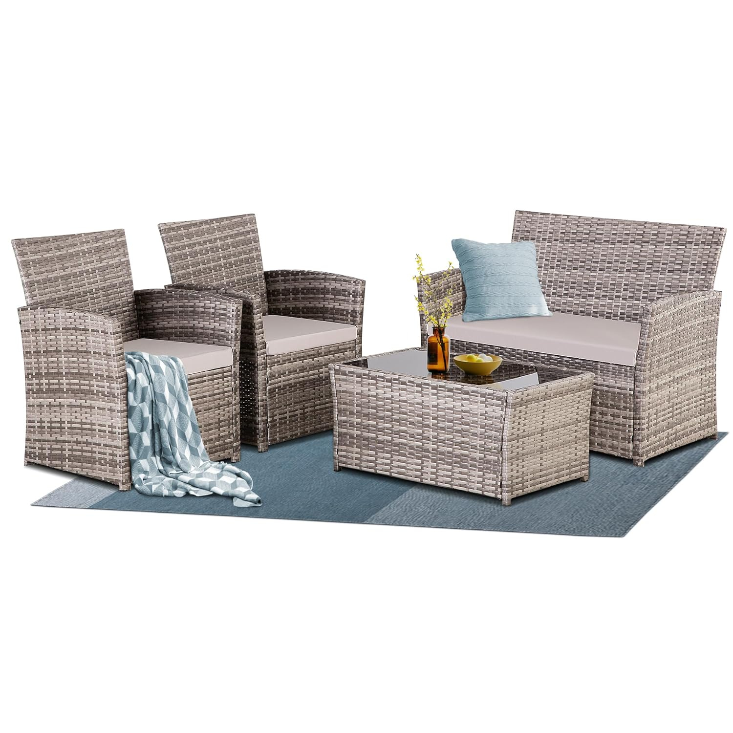4 Piece Patio Furniture Set,Outdoor Wicker Conversation Sets,Rattan Sectional Sofa w/Coffee Table,Seat Cushions for Backyard Porch Garden Poolside (Gray/Gray)