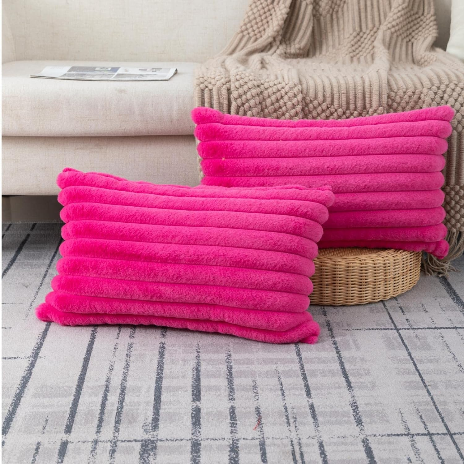 ZLINA Set of 2 Hot Pink Faux Fur Decorative Throw Pillow Covers Fluffy Striped Pillowcase Cushion Covers 12 x 20 Inch Decor Sofa Couch Bedroom