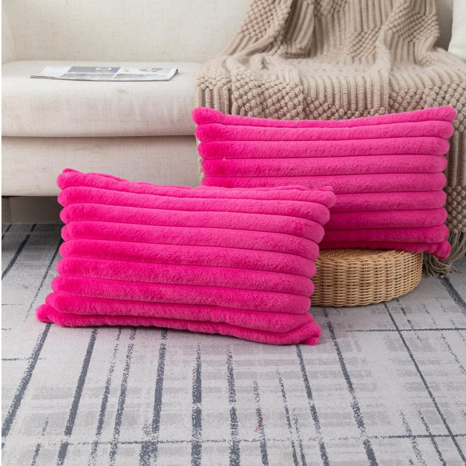 ZLINA Set of 2 Cream White Faux Fur Decorative Throw Pillow Covers Fluffy Striped Pillowcase Cushion Covers 12 x 20 Inch Decor Sofa Couch Bedroom