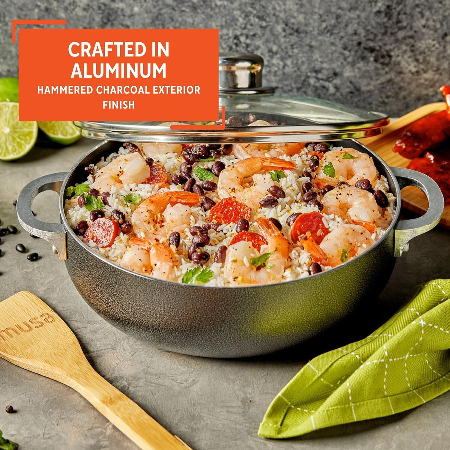 IMUSA 3.2qt Charcoal Aluminum Nonstick Caldero with Glass Lid, Black