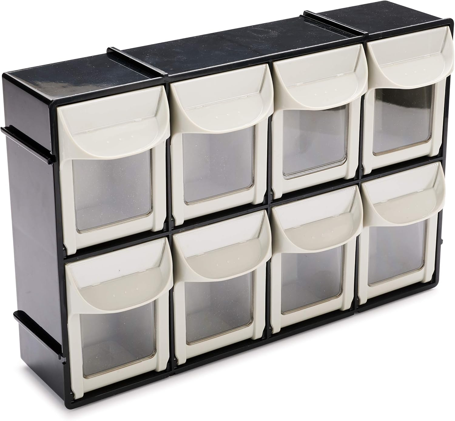 Black and Off-White Stackable Plastic Tilt-Out Bin Storage System