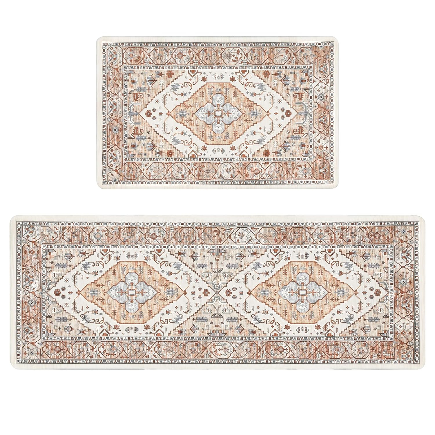 Pauwer Anti Fatigue Kitchen Mats for Floor 2 Piece Set, Cushioned Memory Foam Rug, Non Slip Runner Rug Carpet, Waterproof Sink Area Comfort Standing Mat Laundry Beige