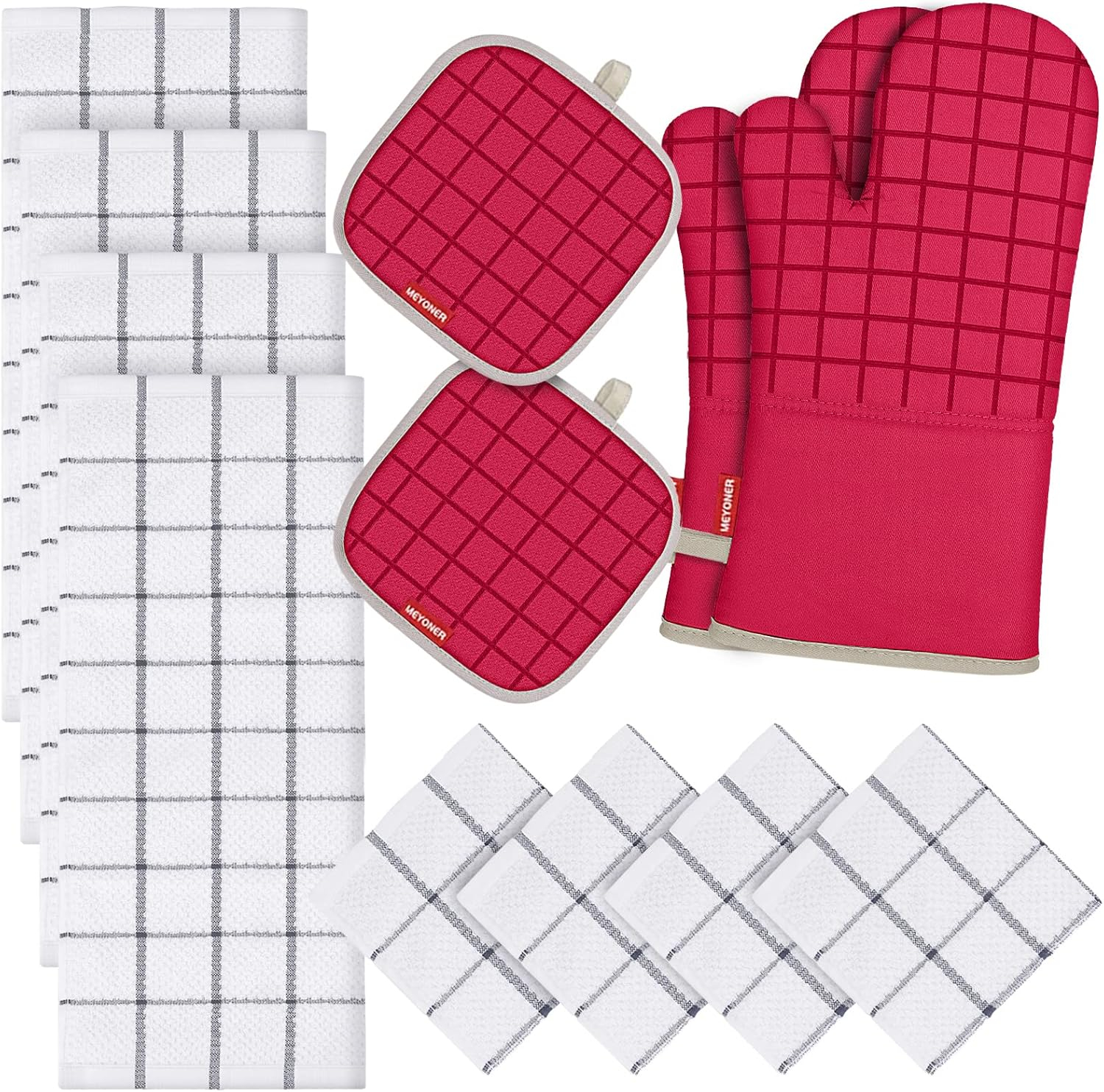 Oven Mitts and Pot Holders Set with Kitchen Towels and Dishcloths, 500 Degree Heat Resistant Oven Gloves and Hot Pads, Premium Soft Cotton Kitchen Hand Towels and Dish Cloth Sets (Red)