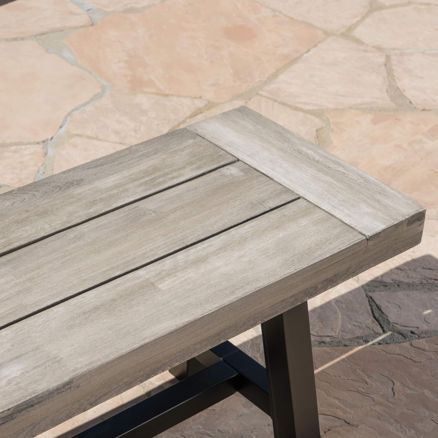 GDF Studio Triton Outdoor Acacia Wood and Wicker 6 Piece Dining Set with Bench, Light Gray Sandblasted and Gray