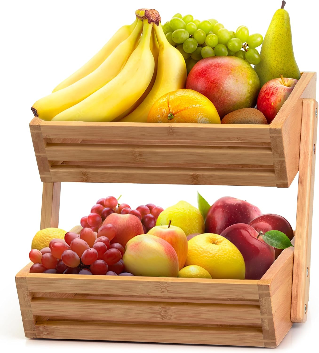 Bamboo Basket for Kitchen Counter Fruit & Vegetable Storage, Two Tier Wooden Fruit Bowl by Golden Nature