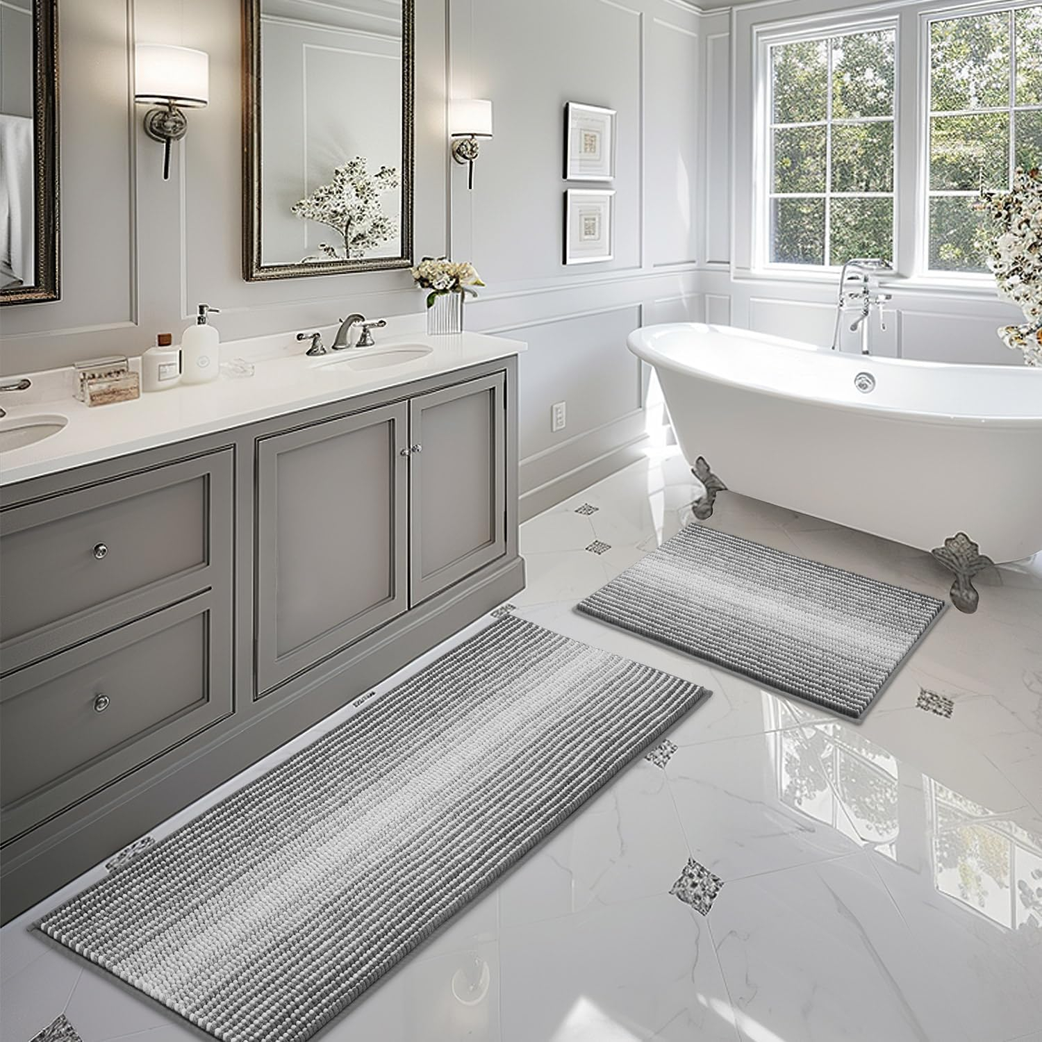 BSICPRO Bathroom Rugs and Mats Sets, 2 Piece Thick Absorbent Chenille Bath Mat Rug Set Non Slip, Soft Shaggy Bath Room Floor Mats for Bathroom, Machine Washable (20" x 47" Plus 16" x 24", Black)