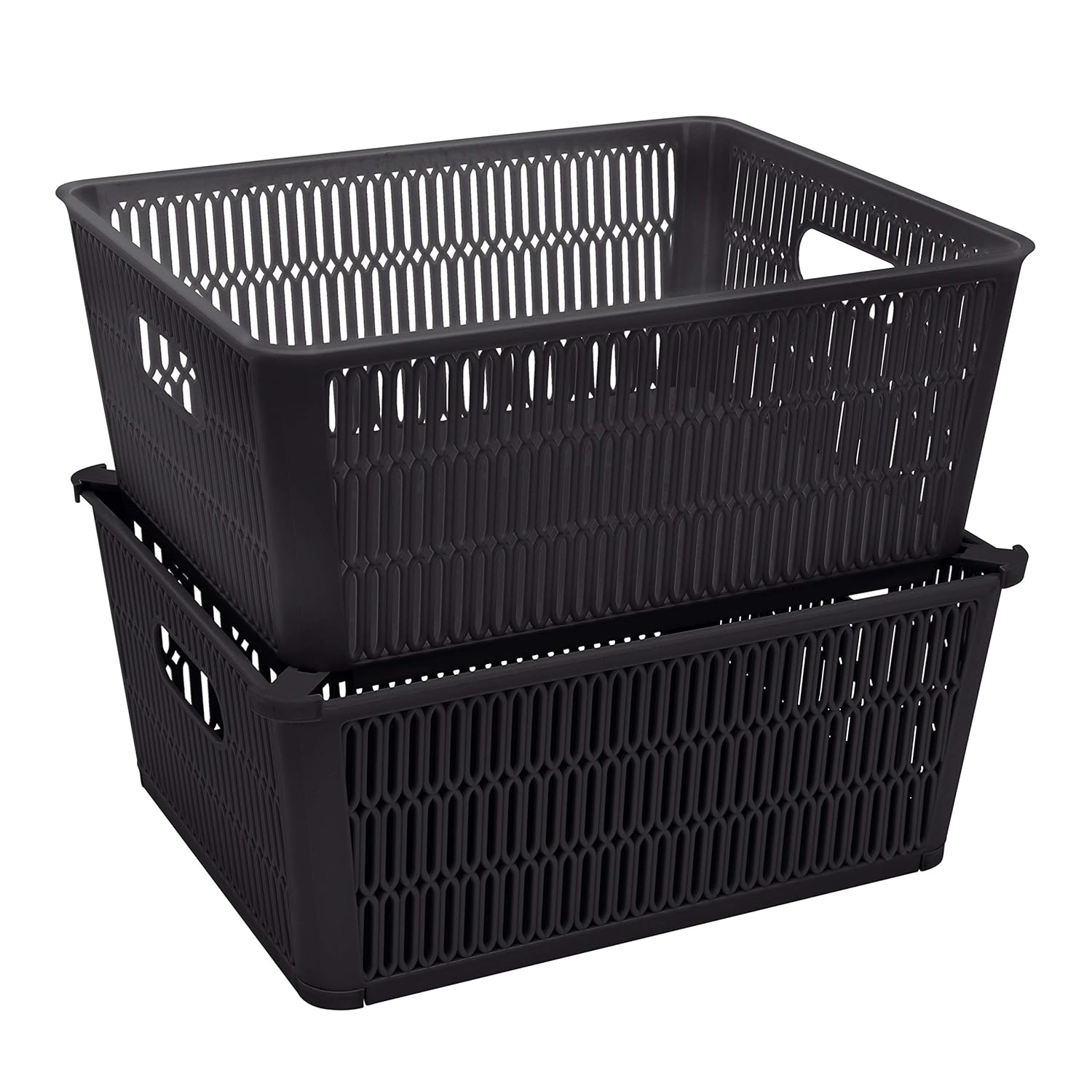 Simplify Slide 2 Stack It 2 Pack Plastic Storage Tote Baskets in Black