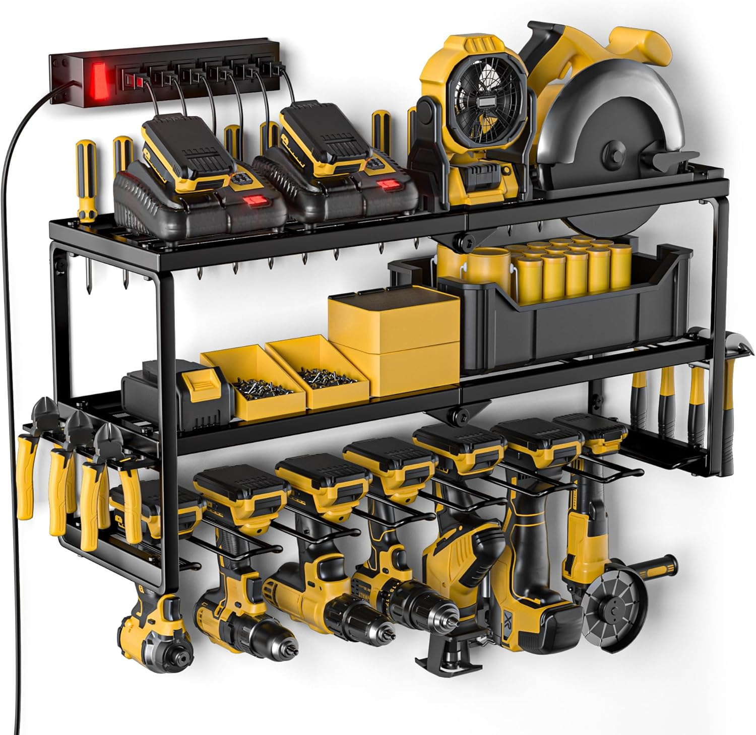 Power Tool Organizer, 7 Drill Holder for Tool Organizer, Storage and Organization for Garage, Heavy Duty Metal Tool Shelf Utility Rack for Cordless Power Tools Suitable for Pegboard/Workshop