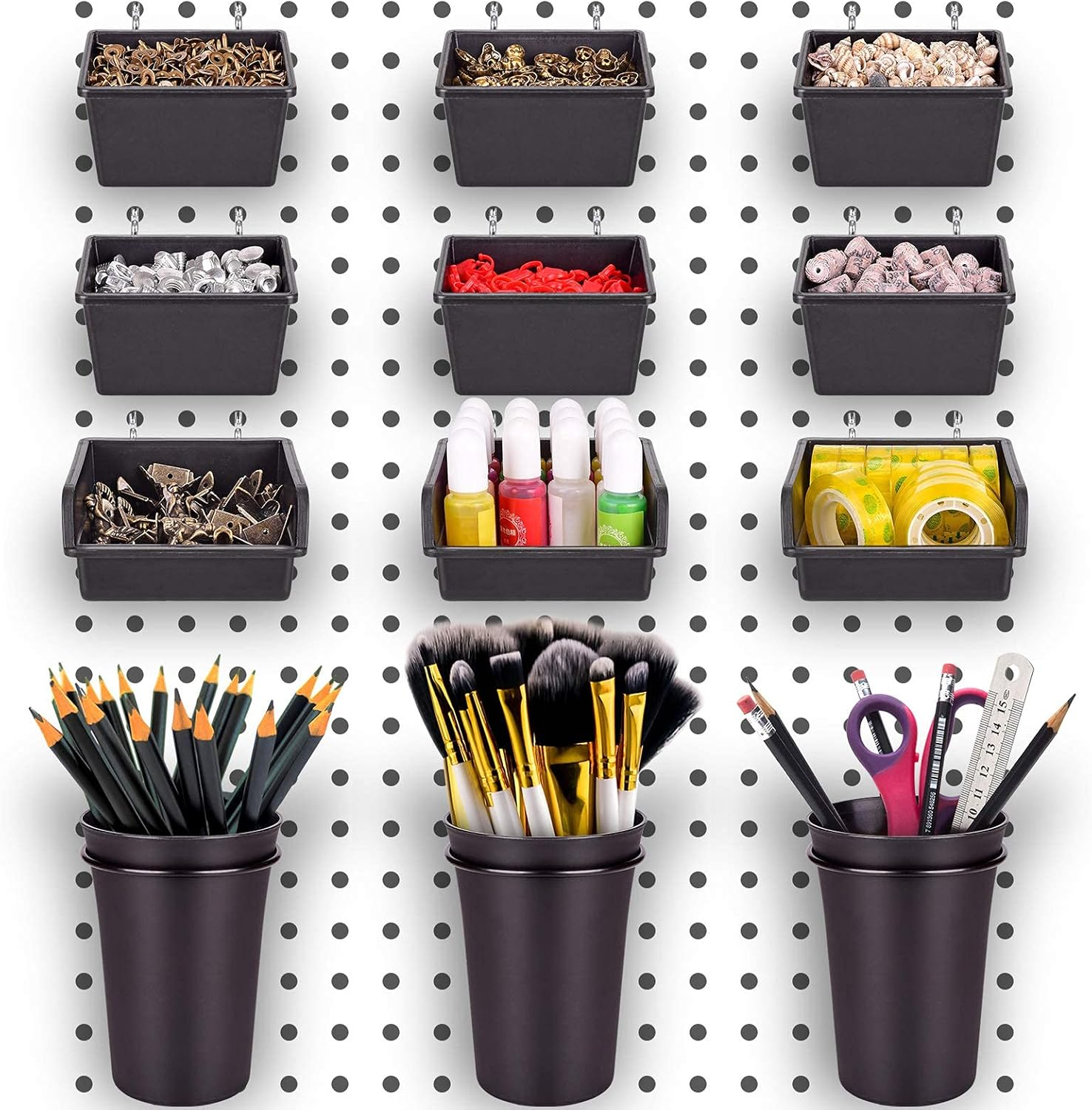 G.Core 12-Pack Pegboard Bins & Cups with Hooks, Plastic Peg Board Accessories for Organizing Tools