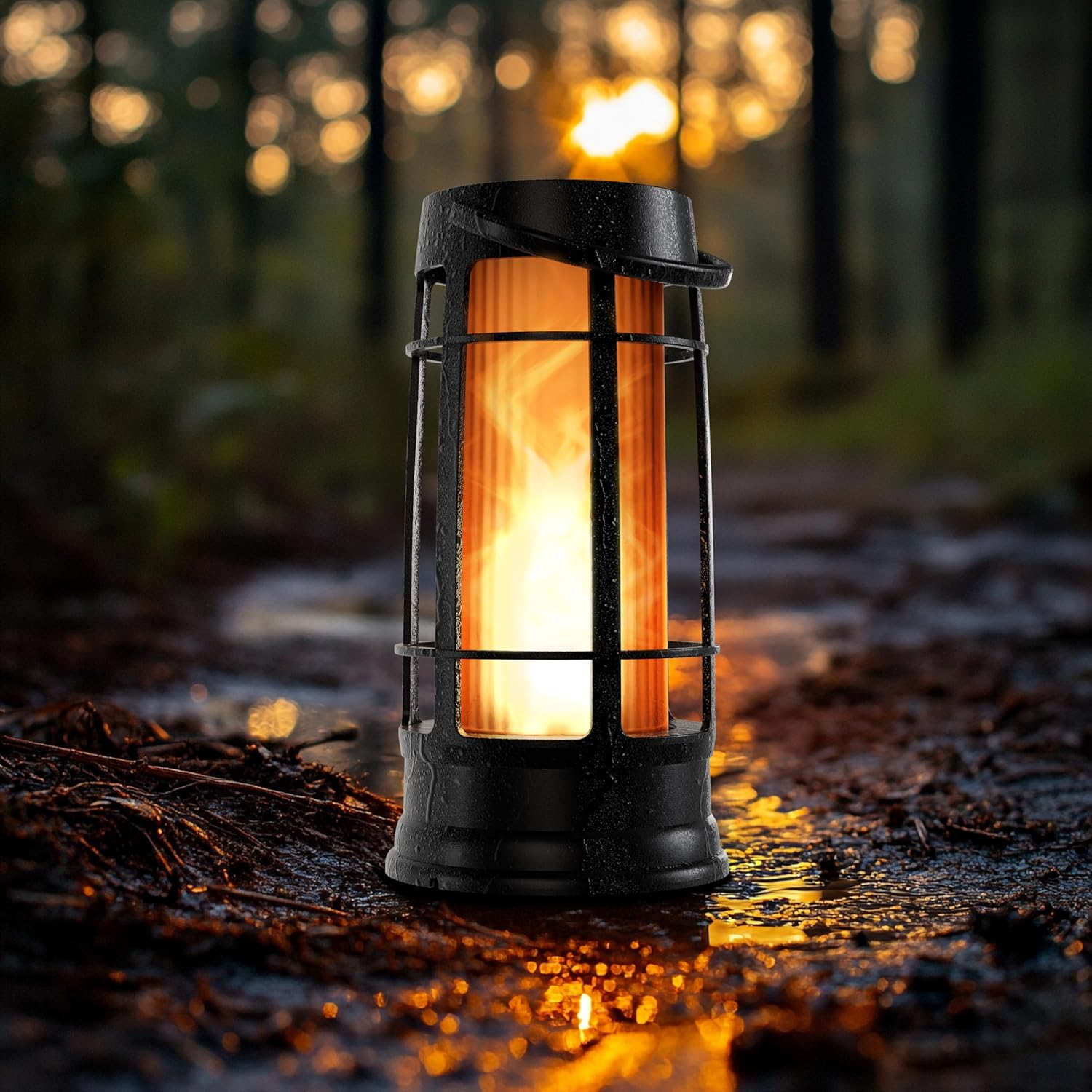 FoxFlame Professional Metal Solar Flame Lantern - Patented LED Flickering - Outdoor Waterproof - Hanging Option