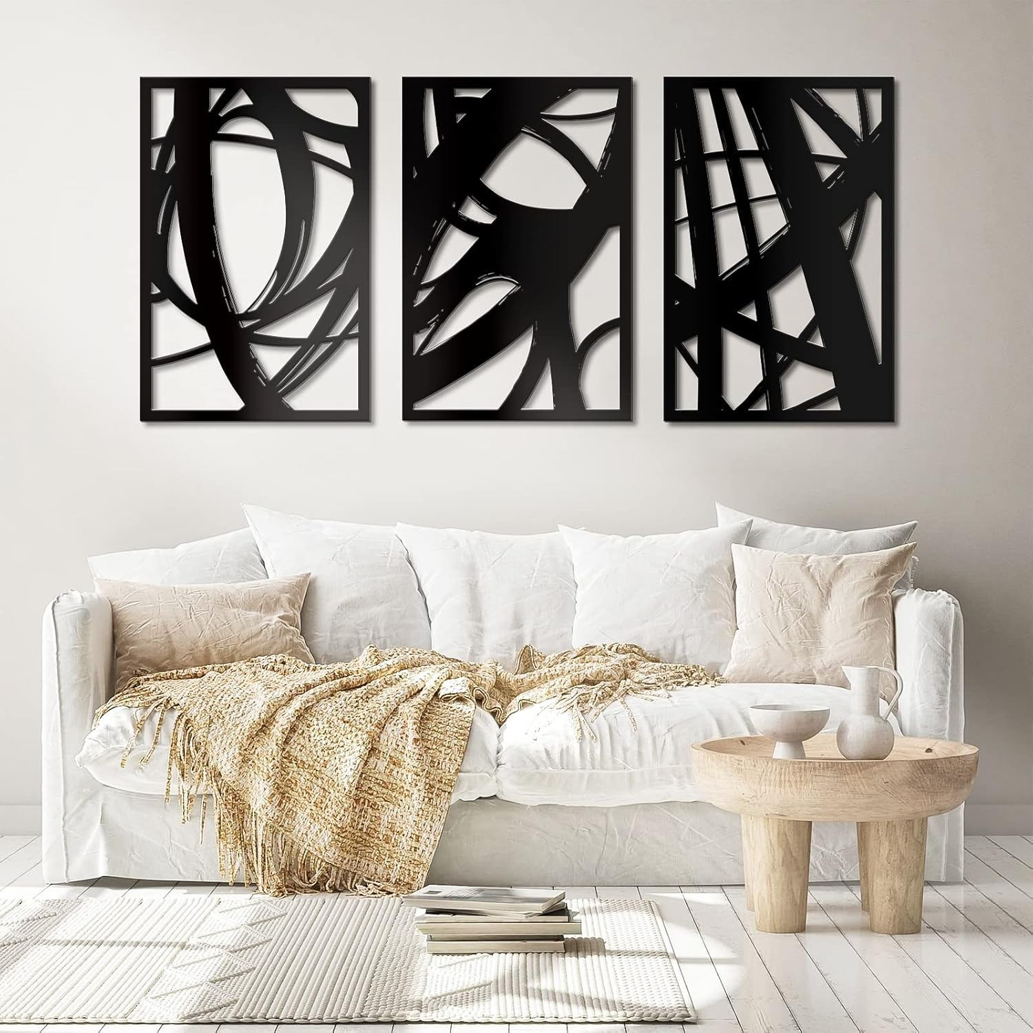 WINUSD 4Pcs Abstract Black Metal Wall Art, 3D Textured Metal Wall Decor, Modern Hollow Out Design Metal Wall Sculptures, Minimalist Line Art Home Decor for Living Rooms Offices Restaurants(16 x 11)