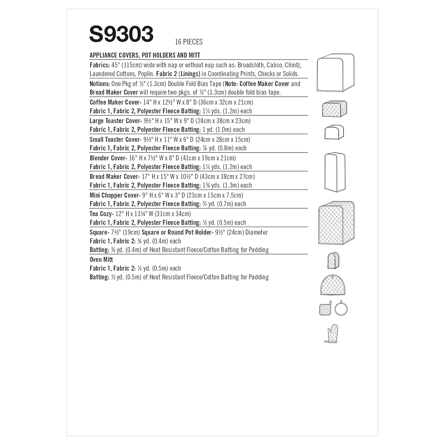 Simplicity Kitchen Appliance Covers, Oven Mitt, and Pot Holder Packet, Code 9303 Sewing Pattern, One Size, White