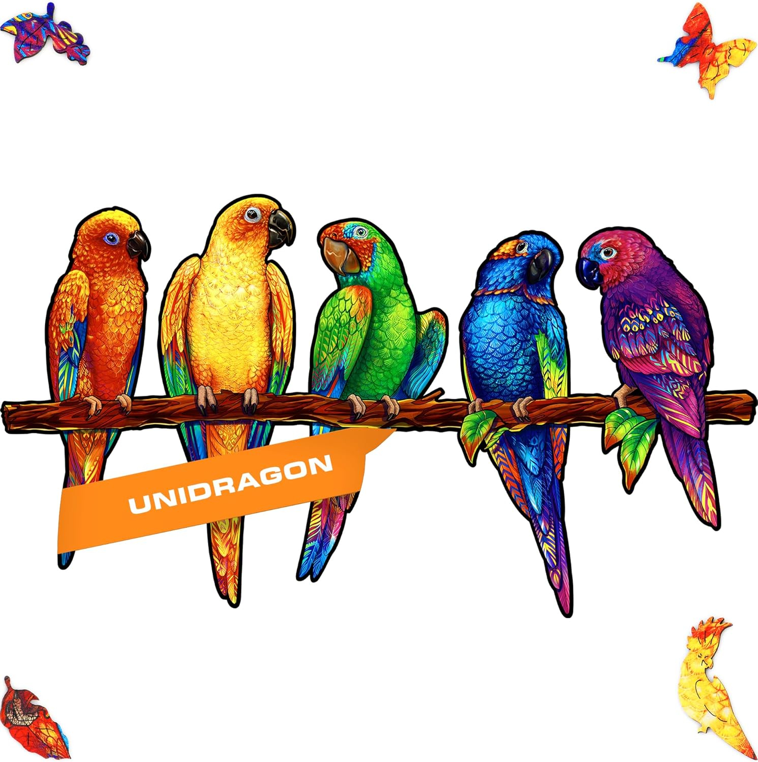 UNIDRAGON Original Wooden Jigsaw Puzzles - Playful Parrots, 104 pcs, Small 13"x7.5", Beautiful Gift Package, Unique Shape Best Gift for Adults and Kids
