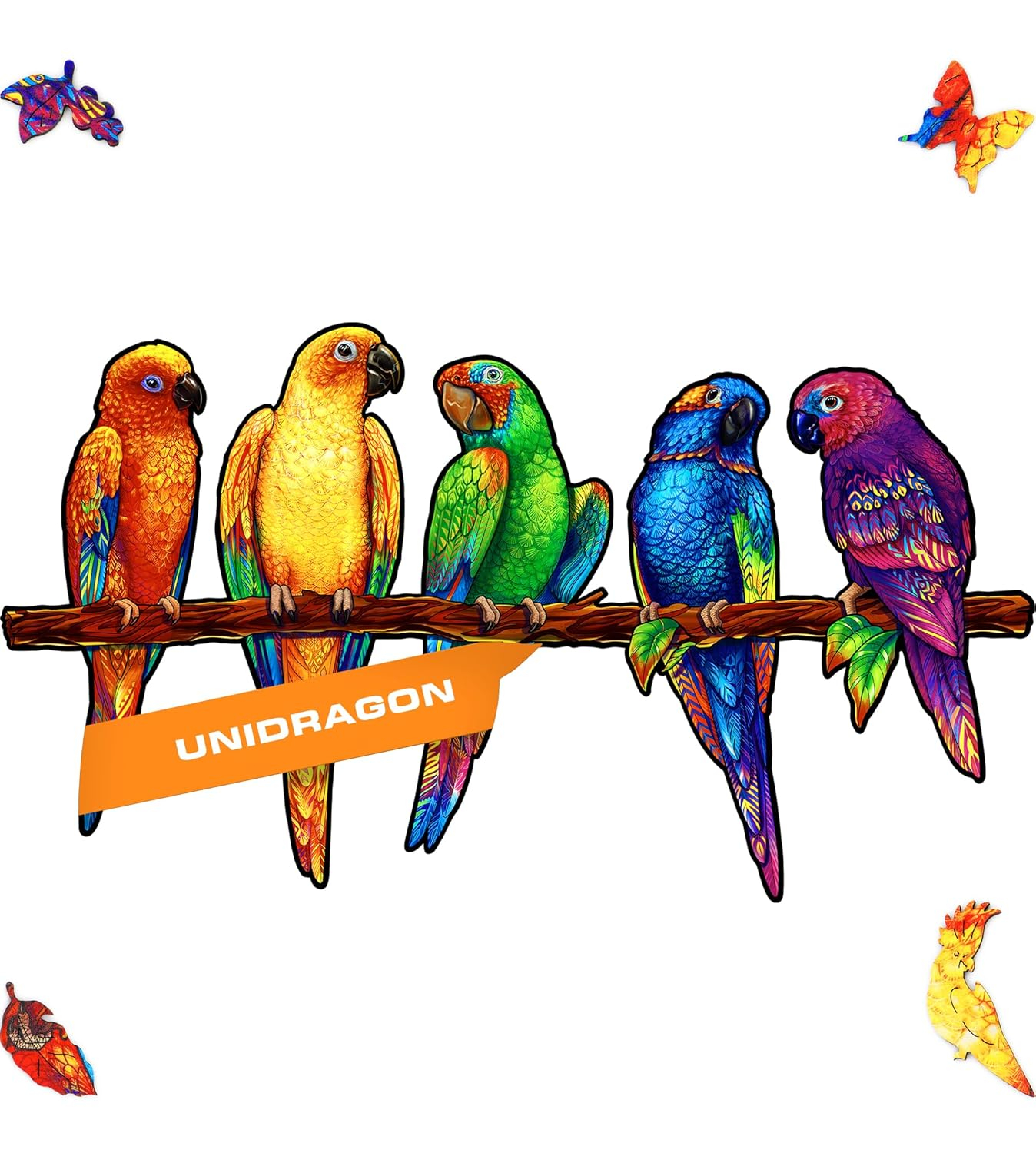 UNIDRAGON Original Wooden Jigsaw Puzzles - Playful Parrots, 104 pcs, Small 13"x7.5", Beautiful Gift Package, Unique Shape Best Gift for Adults and Kids