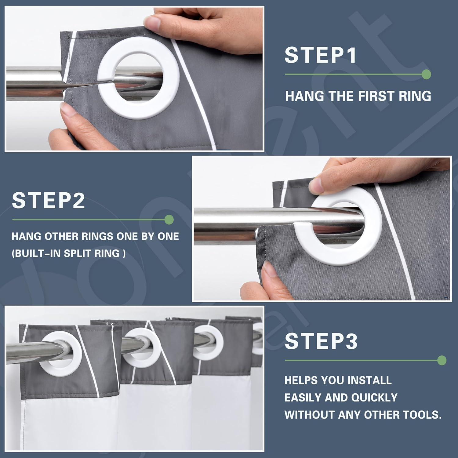 Grey White Striped Fabric Shower Curtain with Snap in Removable Liner for Bathroom Bathtubs,Hotel Shower Curtain and Liner Set with See Through Mesh Top Window,Machine Washable (71"W X 74"H)