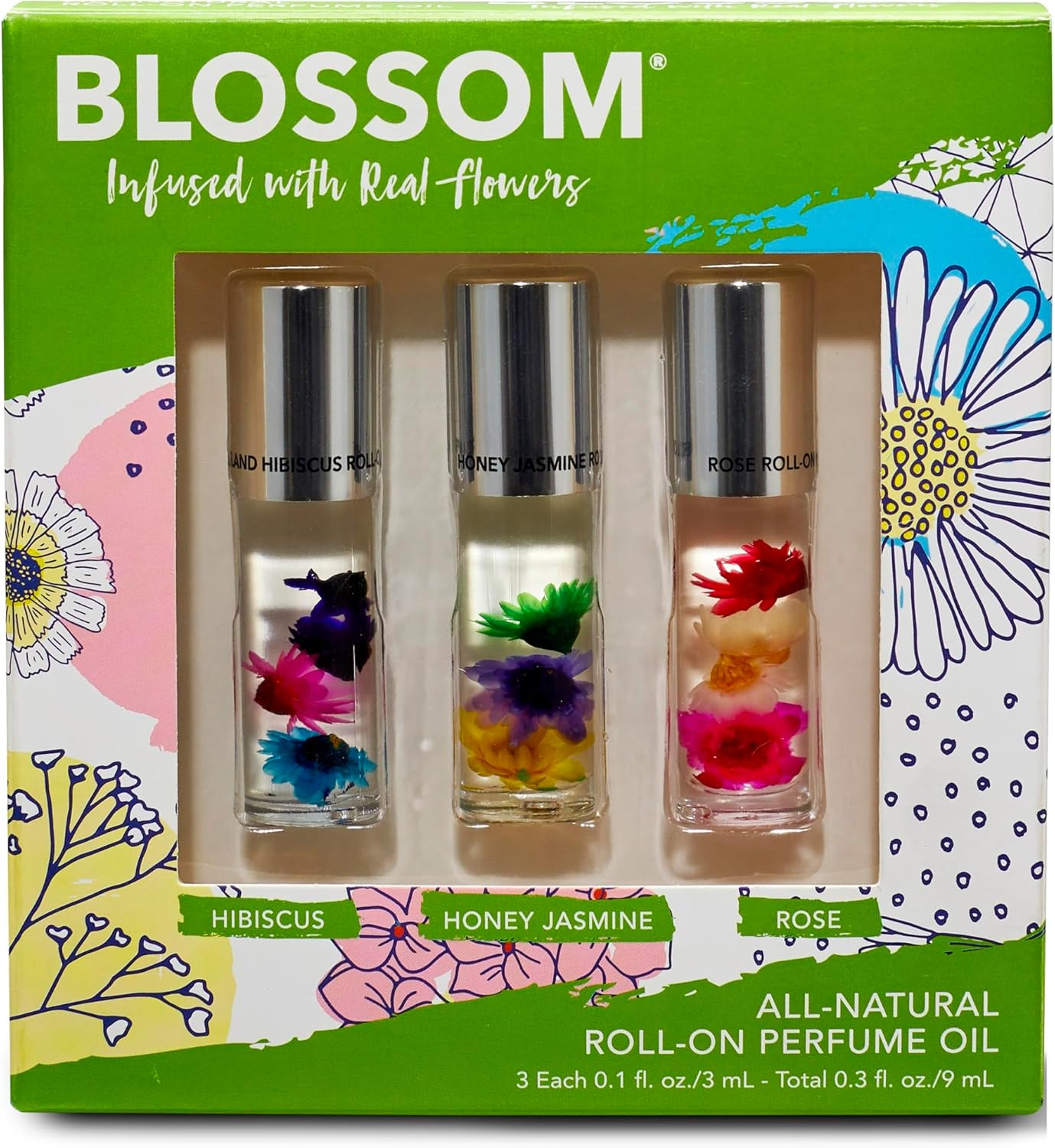Blossom Roll on Perfume for Women Alcohol Free Rollerball Perfume Oil with Essential Oils, Infused with Real Flowers, Made in USA, 0.3oz, 3 pack Mini Gift Set, Hibiscus/Honey Jasmine/Rose