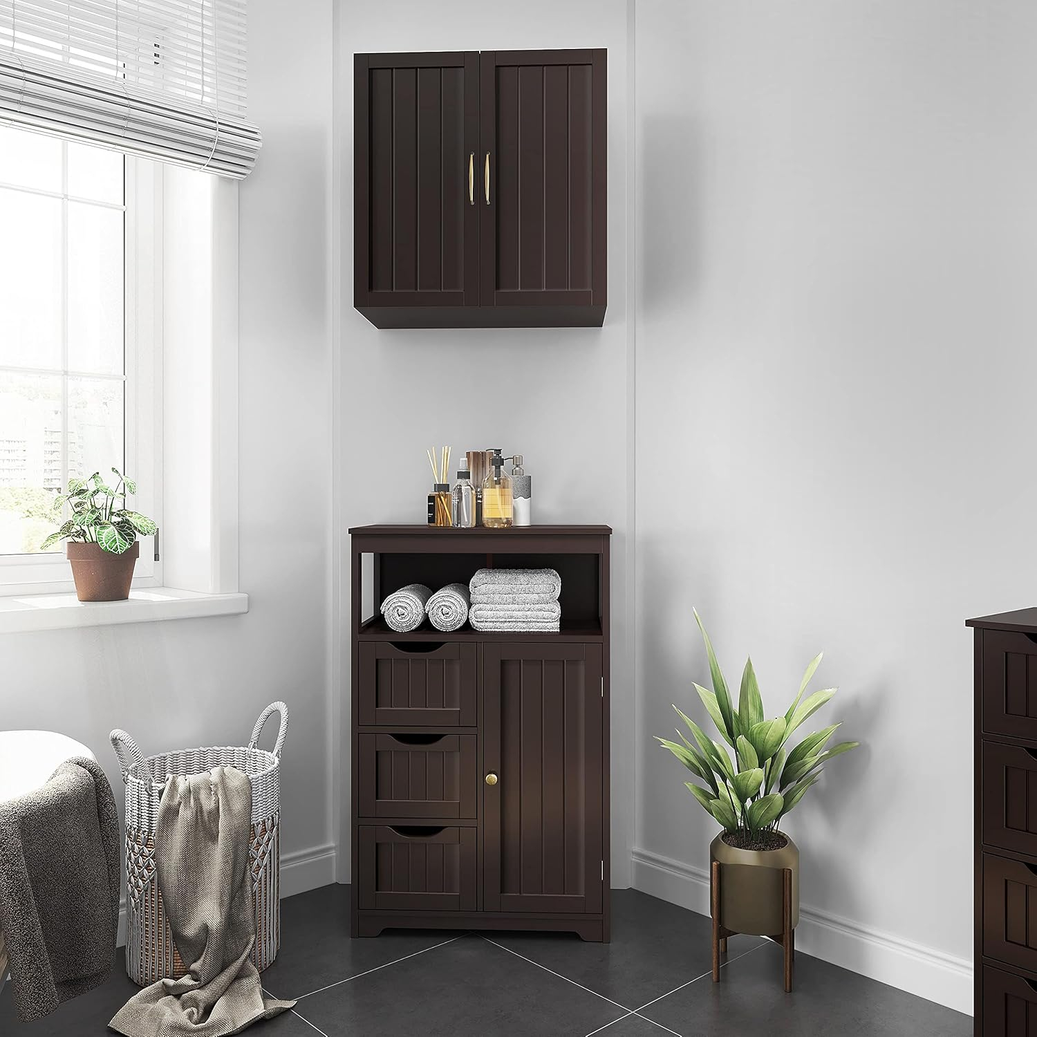 Espresso MDF Bathroom Floor Cabinet with Adjustable Shelving
