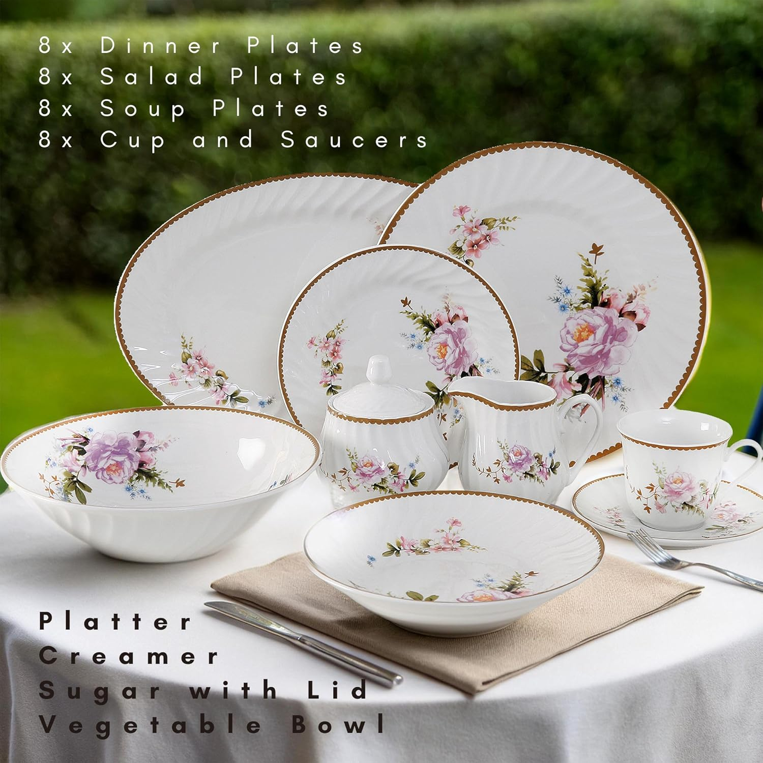 Lynns Paradise Timeless Rose Floral 45-Piece Dinnerware Set, Service for 8, Pink; 24K Gold Trim, Embossed Swirl, Colorful Floral Print, Porcelain