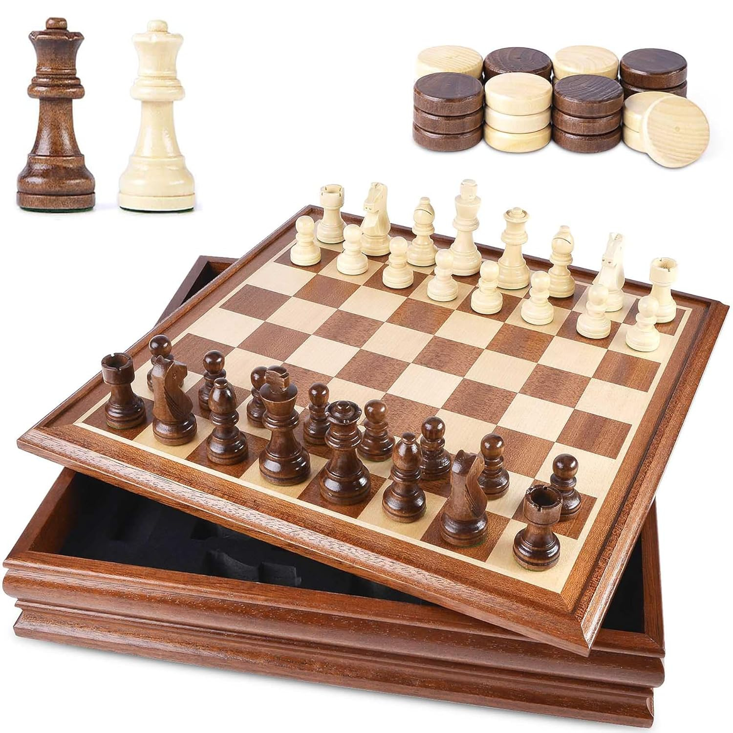 VAMSLOVE Chess and Checkers Board Game Sets for Adults Wooden Deluxe 15 inch Wood Board Box with Storage, Classic 2 in 1 Large Size with Chess Pieces - 3” King Height - 2 Extra Queens