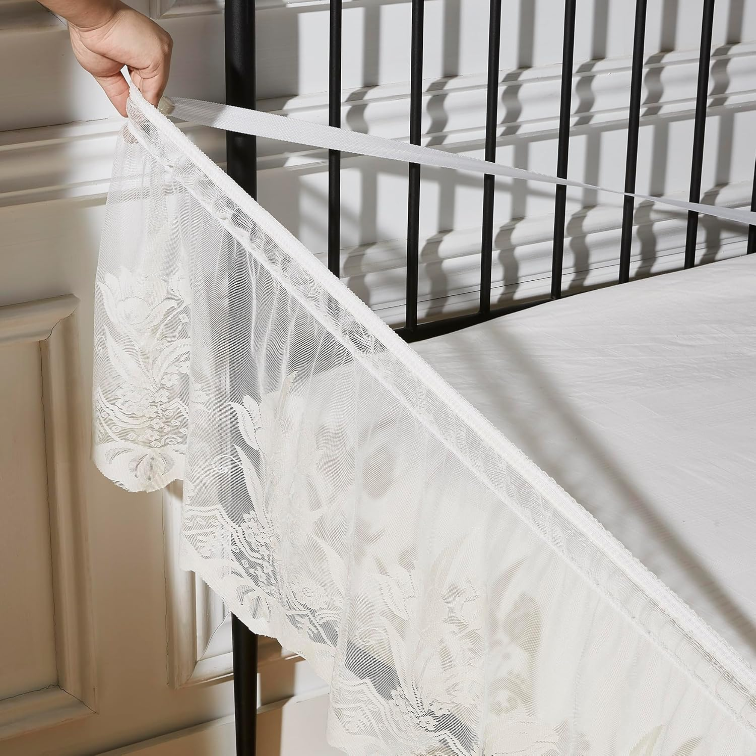 Beige King Size Lace Bed Skirt with Floral Design