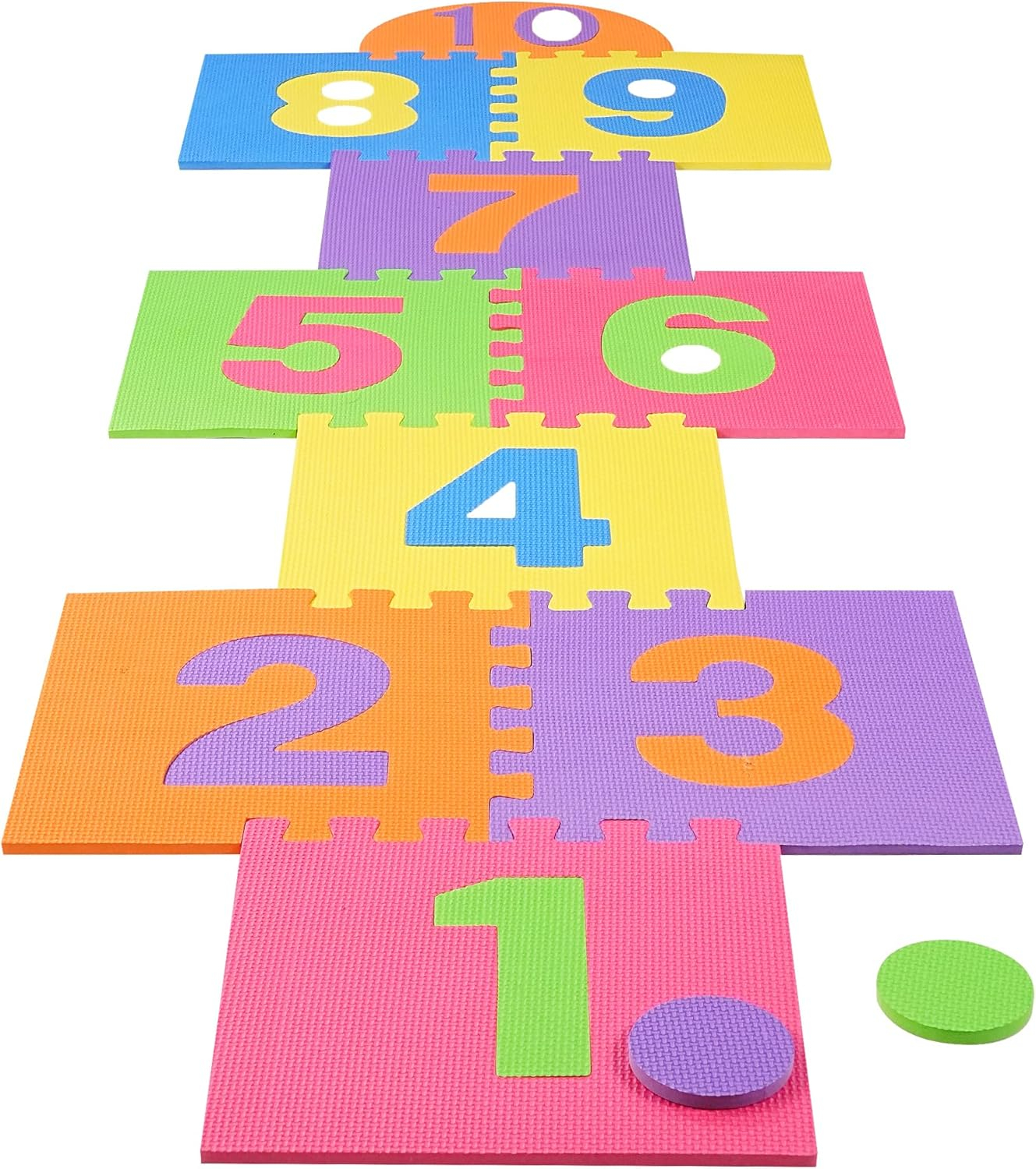 Hopscotch Playmat Foam Interlocking Puzzle Floor Mat - 10 Large Number Tiles (12" by 12" Square Blocks)