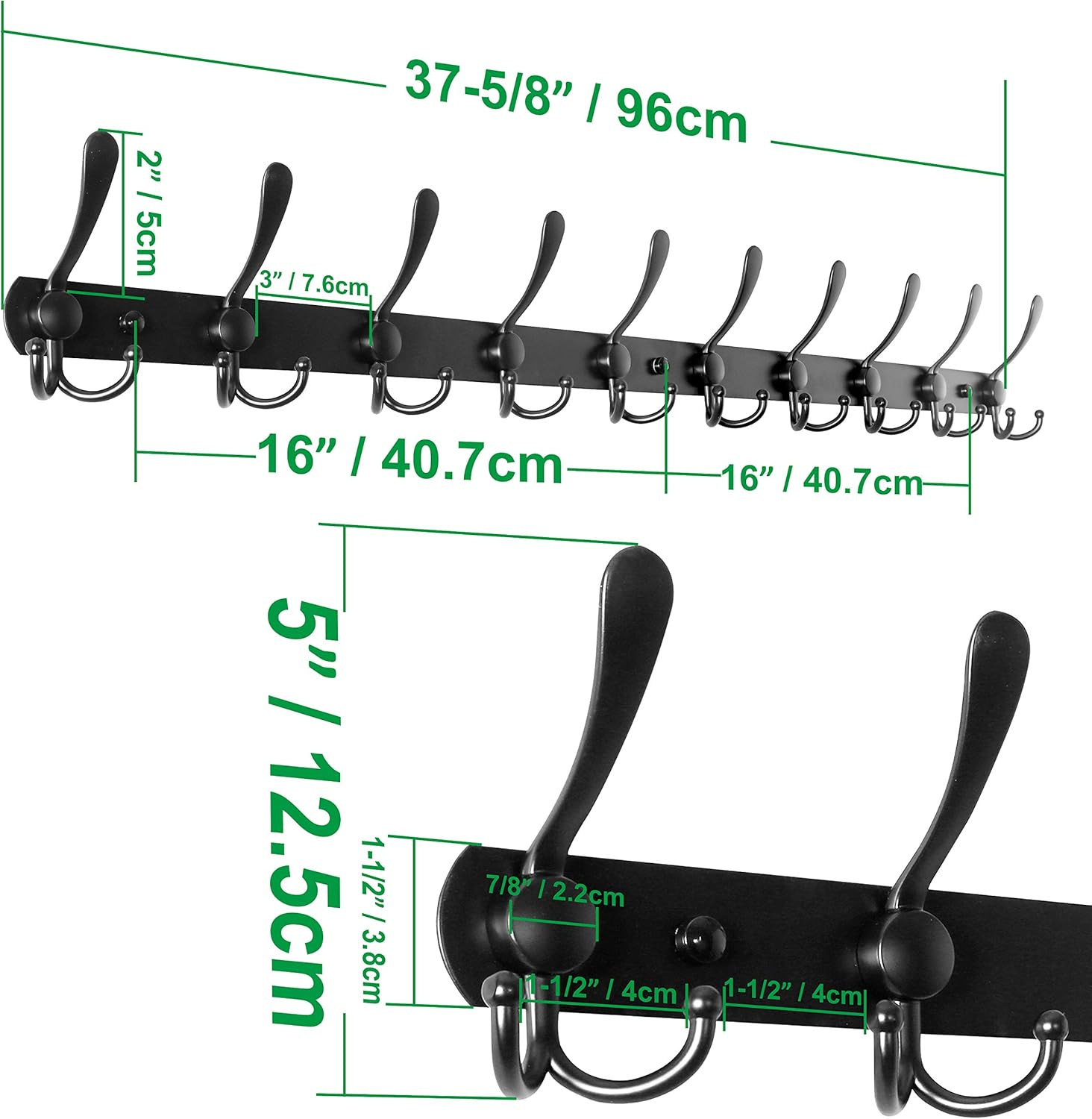 WEBI Coat Rack Wall Mount,37 5/8" Long Coat Hanger Wall,Coat Hooks Wall Mounted,Triple Hook Rack,10 Hooks for Hanging Coats,Clothes,Jacket,Hats,Black,2 Packs