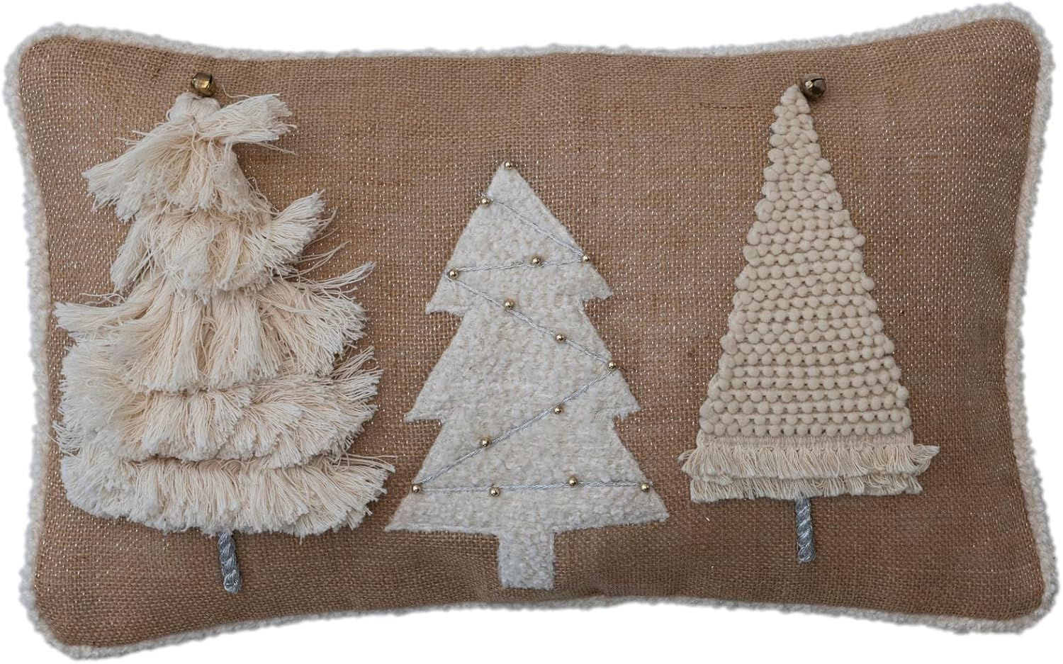 Creative Co-Op 20' L x 12' H Jute & Cotton Lumbar Pillow w/Appliqued & Embroidered Trees, Gold Bells & Beads, Natural & Cream Color