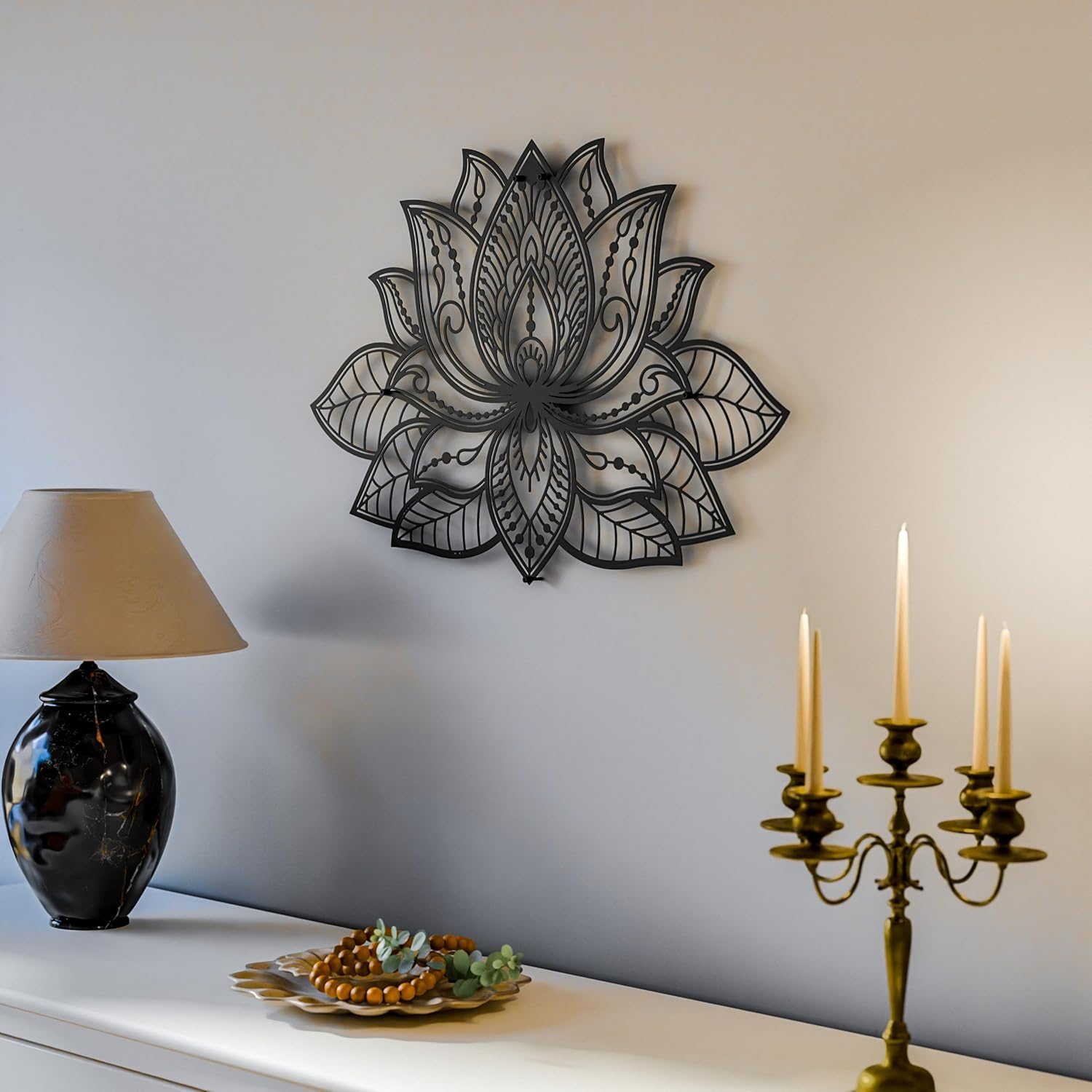 iwa concept Mandala Metal Wall Decor, Lotus Flower Meditation Room Decor, Minimalist Zen Garden Bohemian Gift for New Year (26.3" x 17" | 67 x 43 cm, Black)