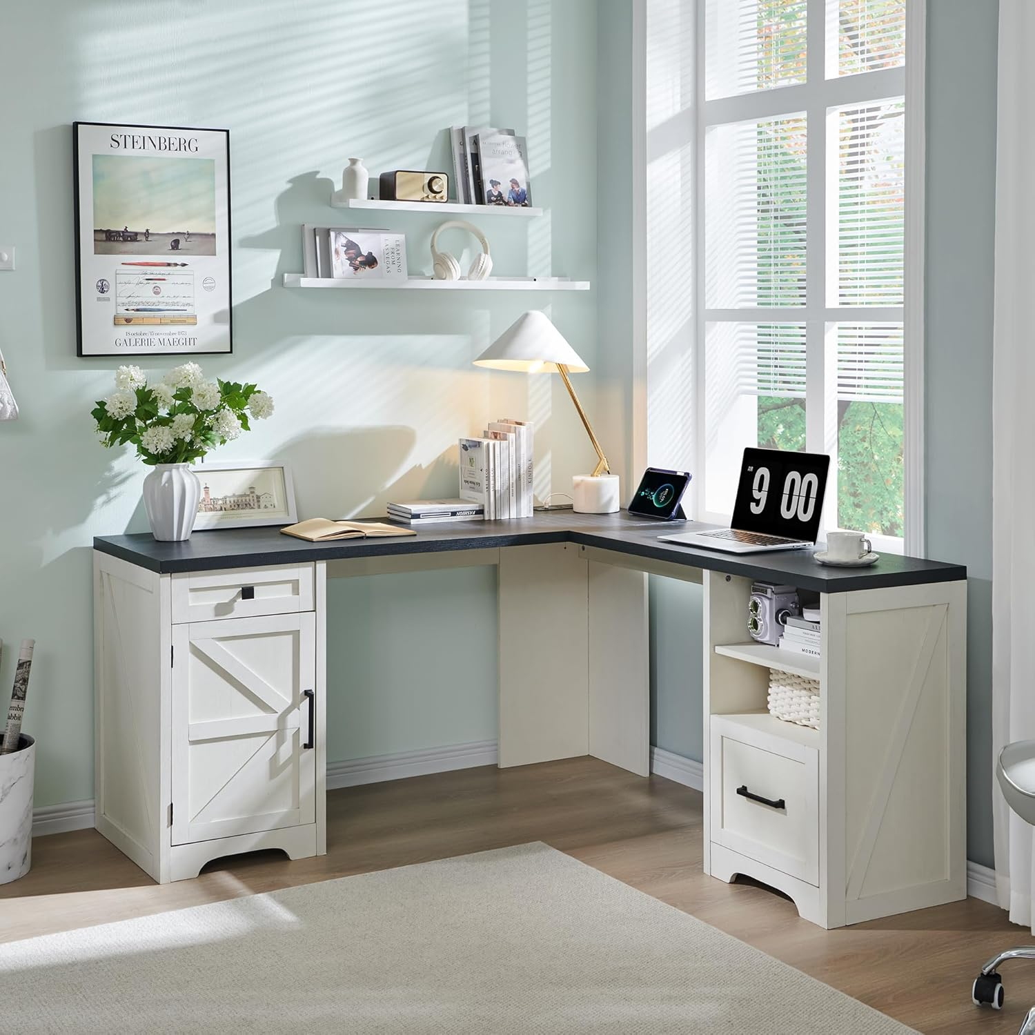 JXQTLINGMU Home Office Desk, Modern Farmhouse Computer Desk with File Cabinet Letter T4 F4 Legal, Study Writing Desk, 59 Inch, Off White