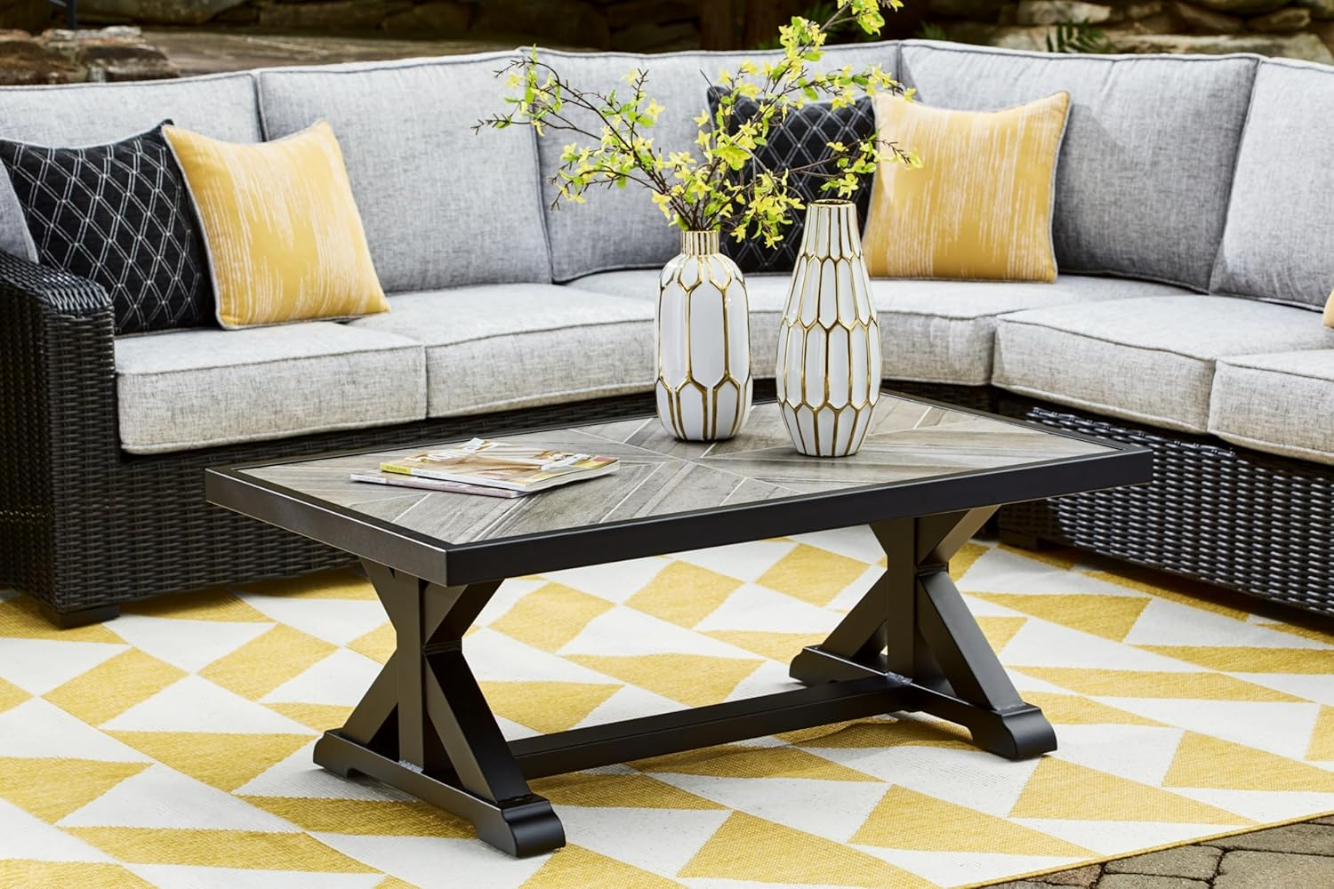 Signature Design by Ashley Beachcroft Outdoor Coffee Table - Porcelain Top with Aluminum Base - Beige