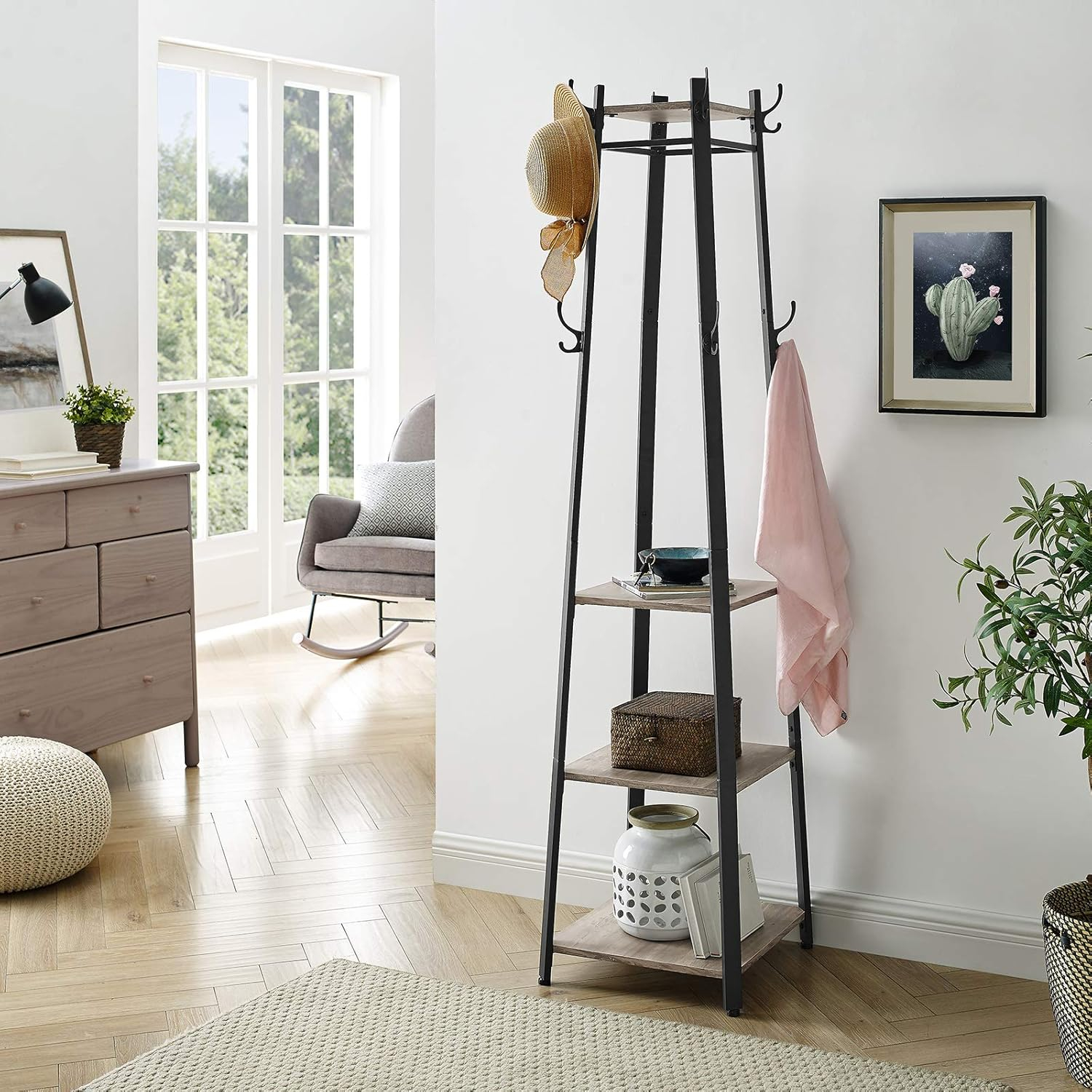 VASAGLE ALINRU Coat Rack with 3 Shelves Stand with Hooks for Scarves Bags and Umbrellas