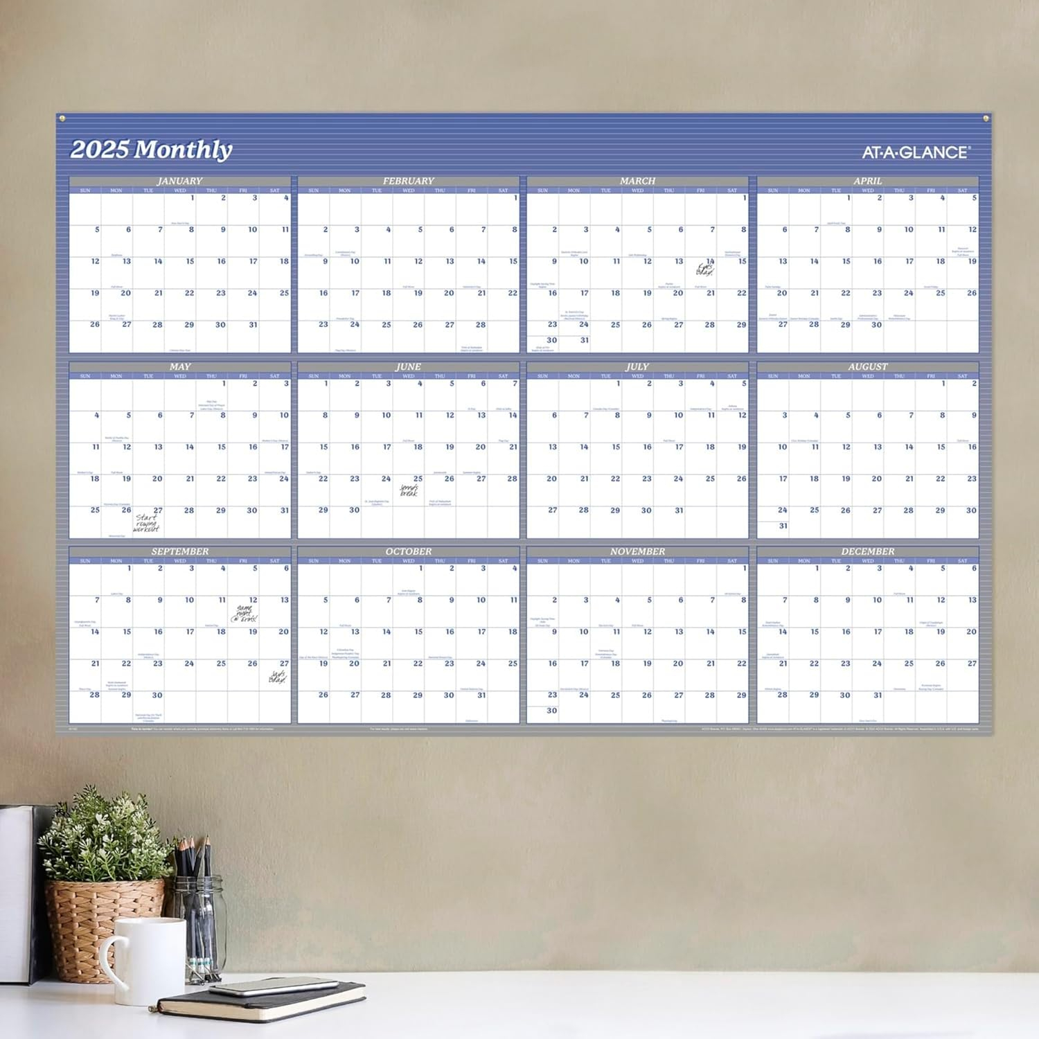 AT-A-GLANCE 2025 Vertical Horizontal Reversible Yearly Wall Calendar Blue Extra
