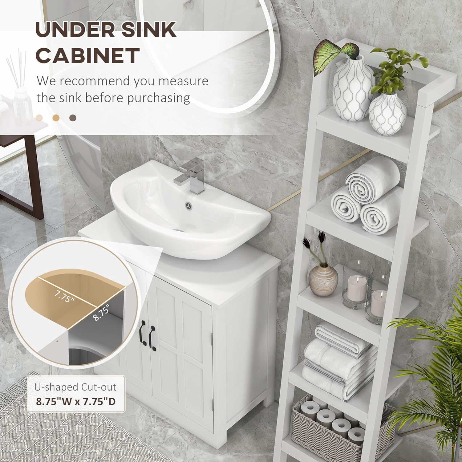 kleankin Pedestal Sink Storage Cabinet, Under Sink Cabinet, Bathroom Vanity Cabinet with Double Doors and Adjustable Shelf, White