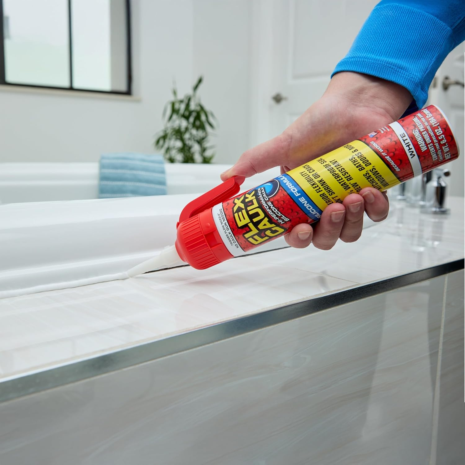Flex Caulk, Silicone, Waterproof & Weatherproof Sealant, Strong, Indoor, Outdoor, Bath, Kitchen, Shower, Sink, Window, Baseboards, Door, RV, Roof, Wood, Glass, Tile, Marine, White, 6.5 oz, 1-Pack