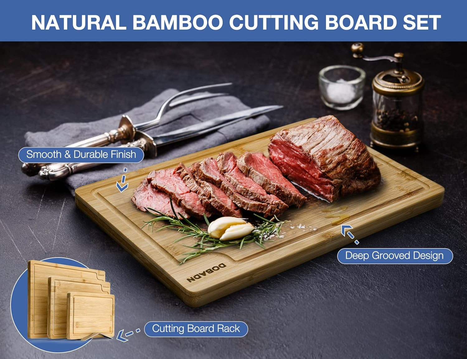 Bamboo Cutting Board Set for Kitchen,Set of 3 Chopping Boards with Juice Groove, Natural Wood Cutting Boards with Stainless Steel Holder, Cutting Board Set for Butcher Block, Cheese, Vegetables