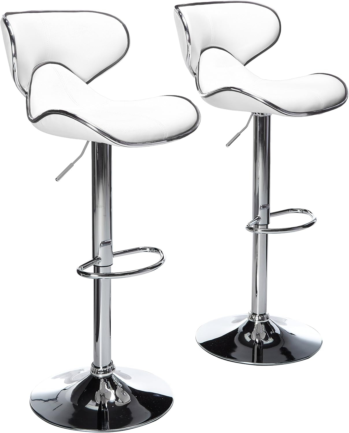 Roundhill Furniture Masaccio Faux Leather Airlift Adjustable Swivel Barstools, White, Set of 2