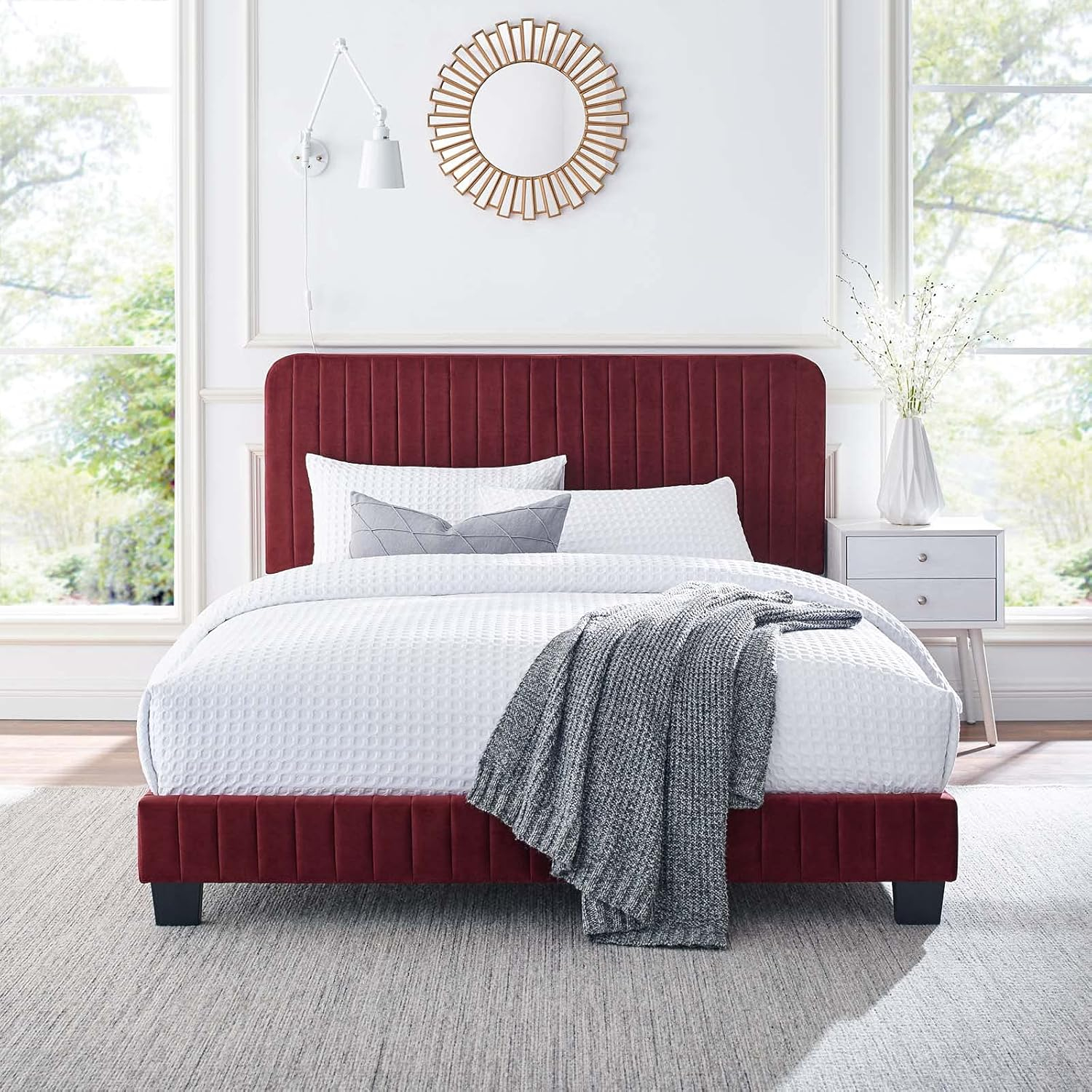 Modway Celine Channel Tufted Performance Velvet King Platform Bed in Maroon
