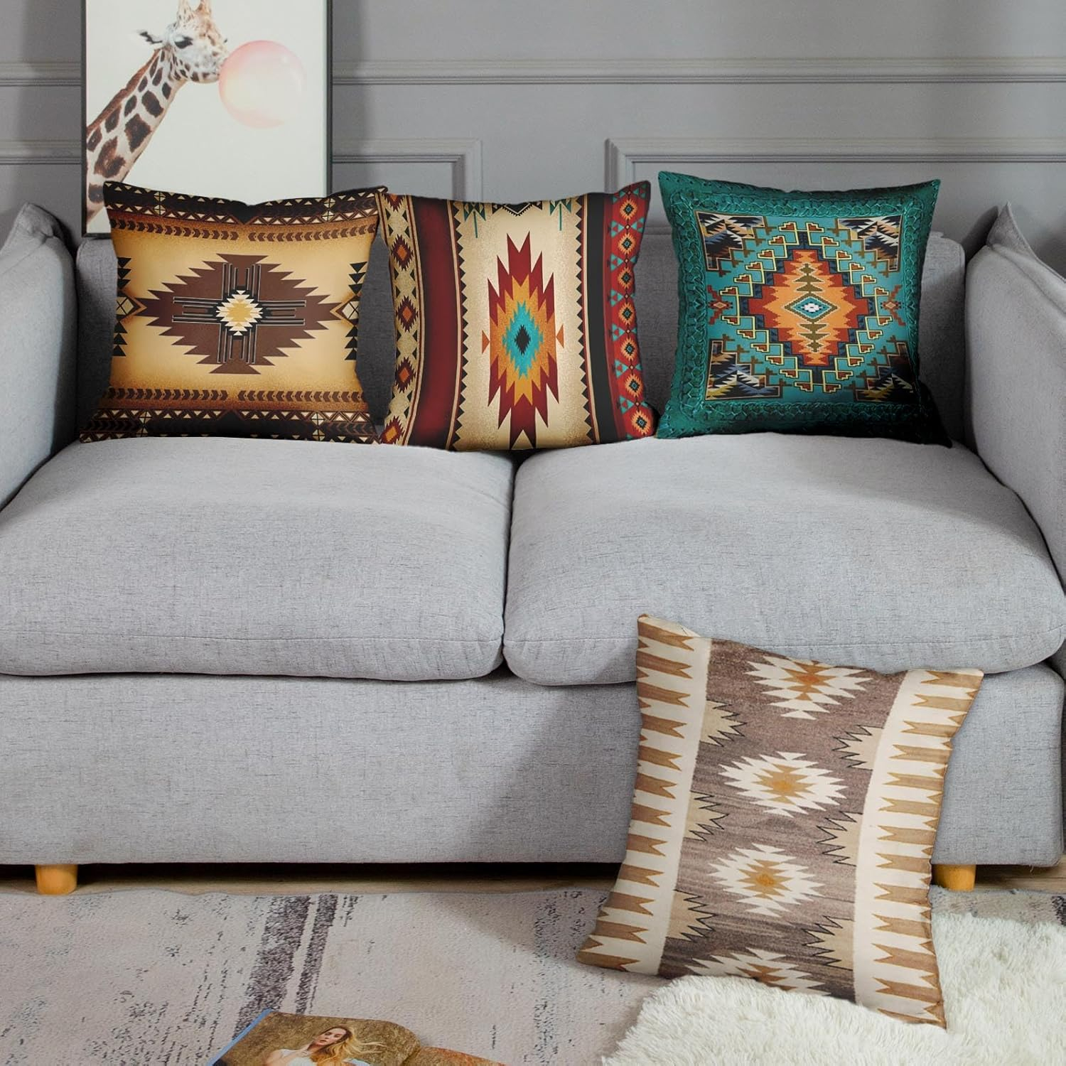 Set of 4 Throw Pillow Covers Tribal Western Geometric Colorful Nature Color Patterns Turquoise Orange Decorative Pillow Cases Home Decor Square 20x20 Inches Pillowcases