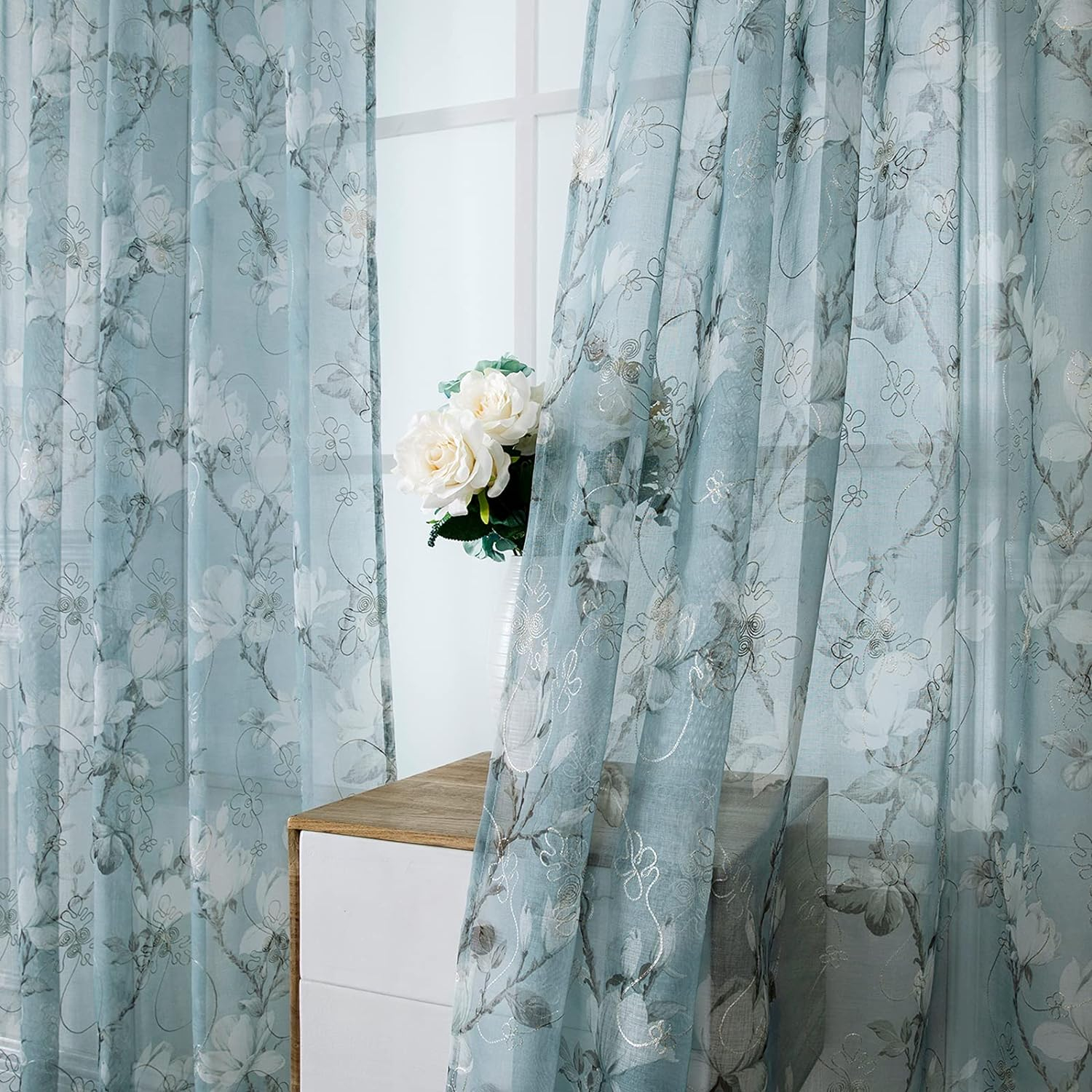 Tollpiz Floral Turquoise Sheer Curtain Flower Print Vine Embroidery Bedroom Curtains Rod Pocket Voile Window Curtain for Living Room, 54 x 95 inches Long, Set of 2 Panels